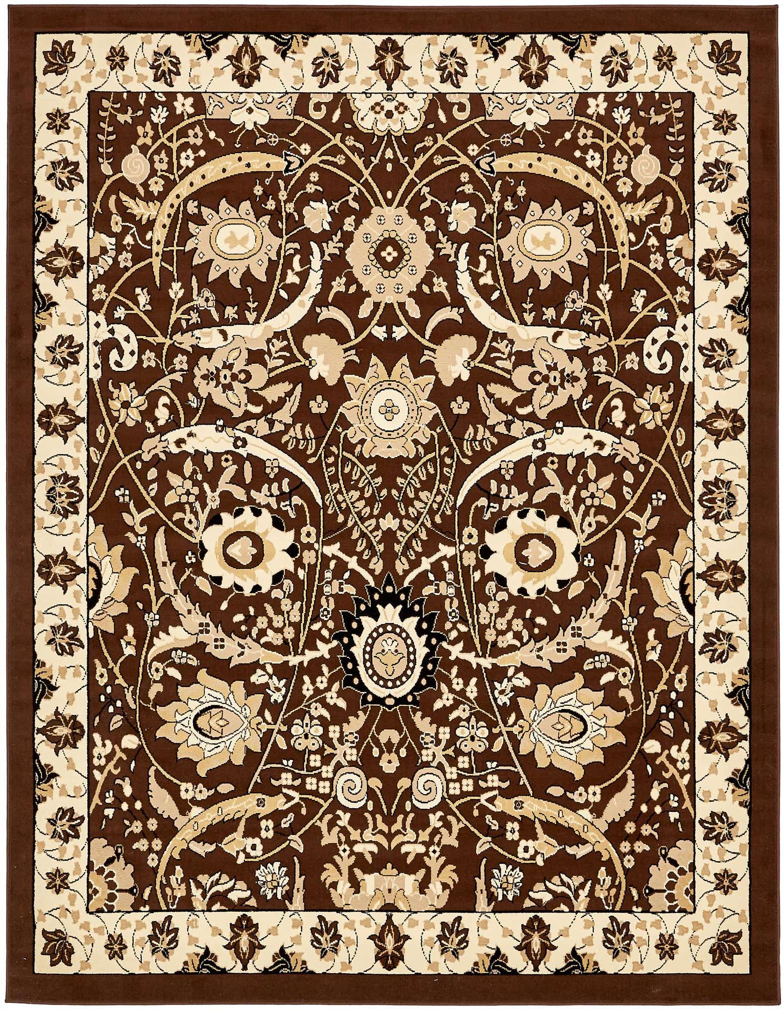 An 8x10 rectangular Neda rug featuring a rich brown background with intricate tan and beige traditional botanical patterns and a detailed border.