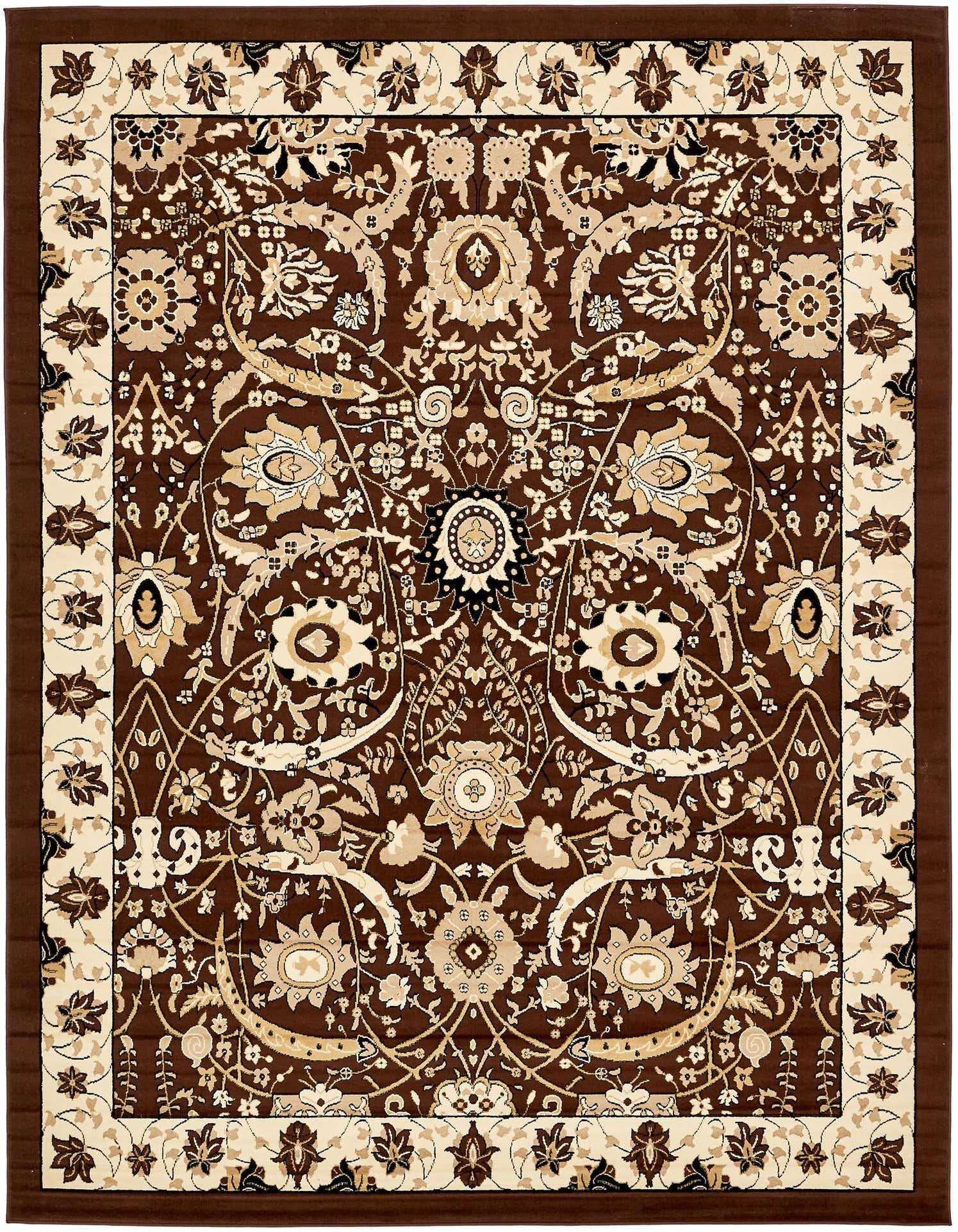 A 9x12 rectangular Neda rug in traditional brown and tan botanical patterns, ideal for a living room.