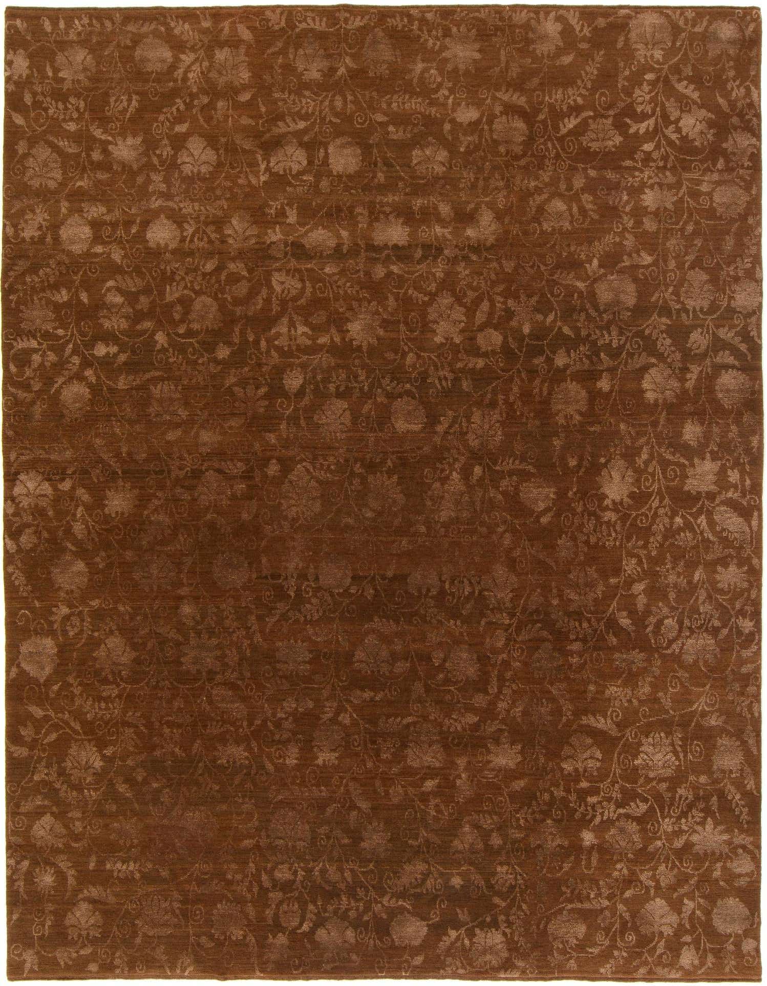 A rectangular 8x12 brown Persian rug with a subtle, intricate floral and vine pattern, handmade from wool and silk.
