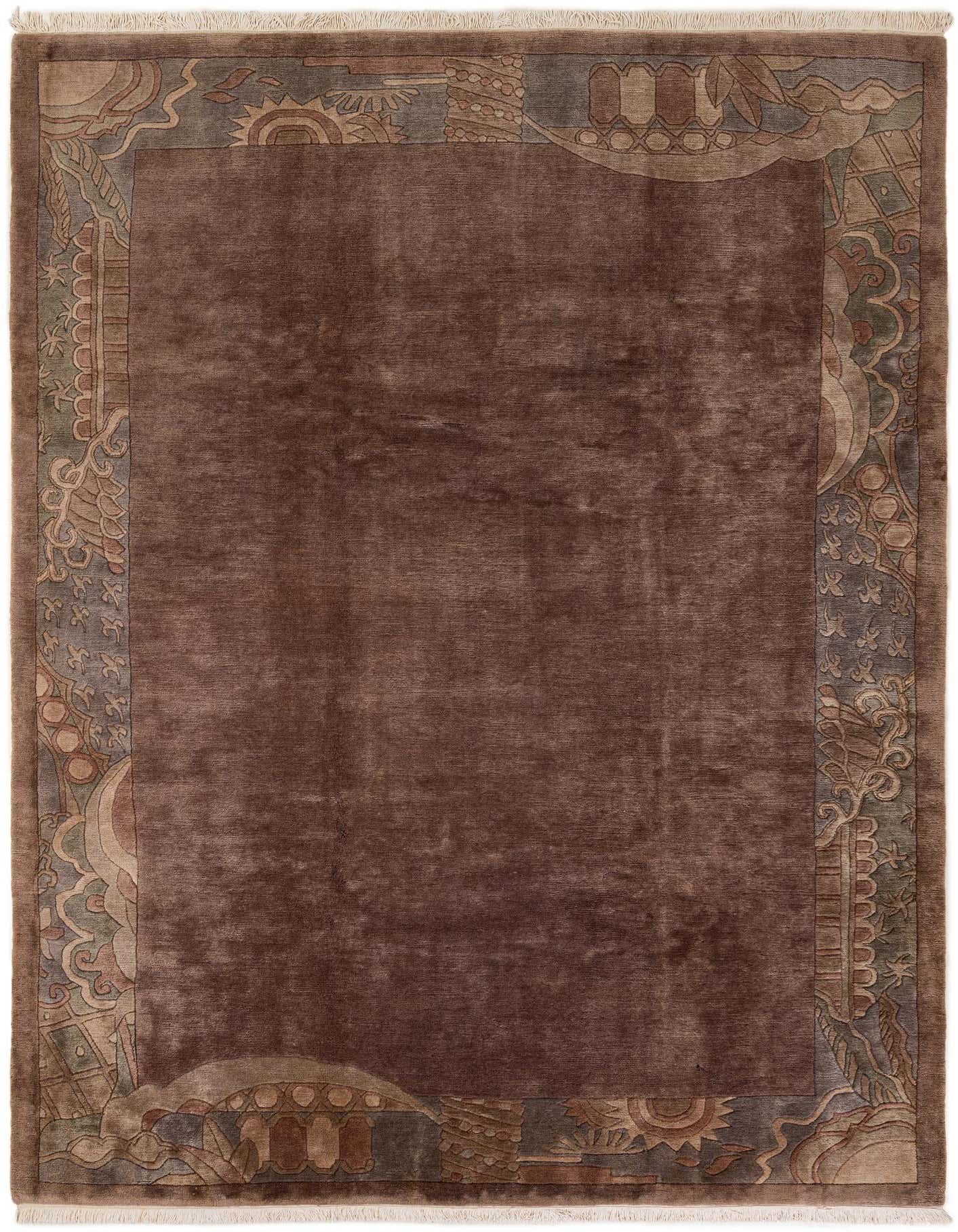 A rectangular 8x11 brown modern wool rug with an abstract oriental border in tans and blues.