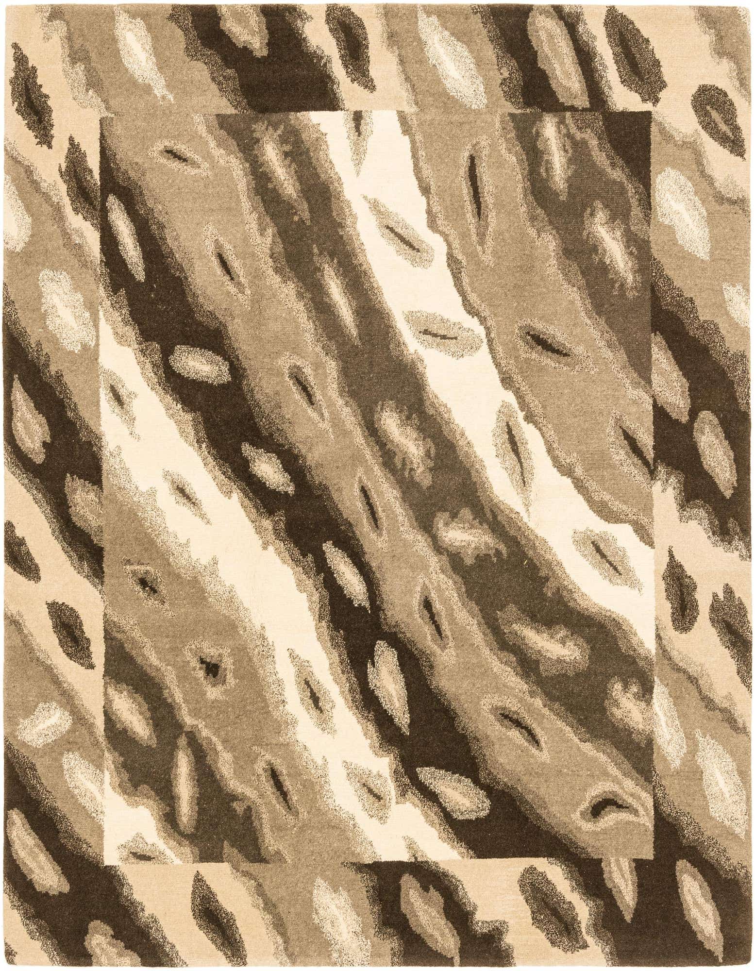 A rectangular 8x10 modern wool area rug featuring an abstract pattern in varying shades of brown and tan.