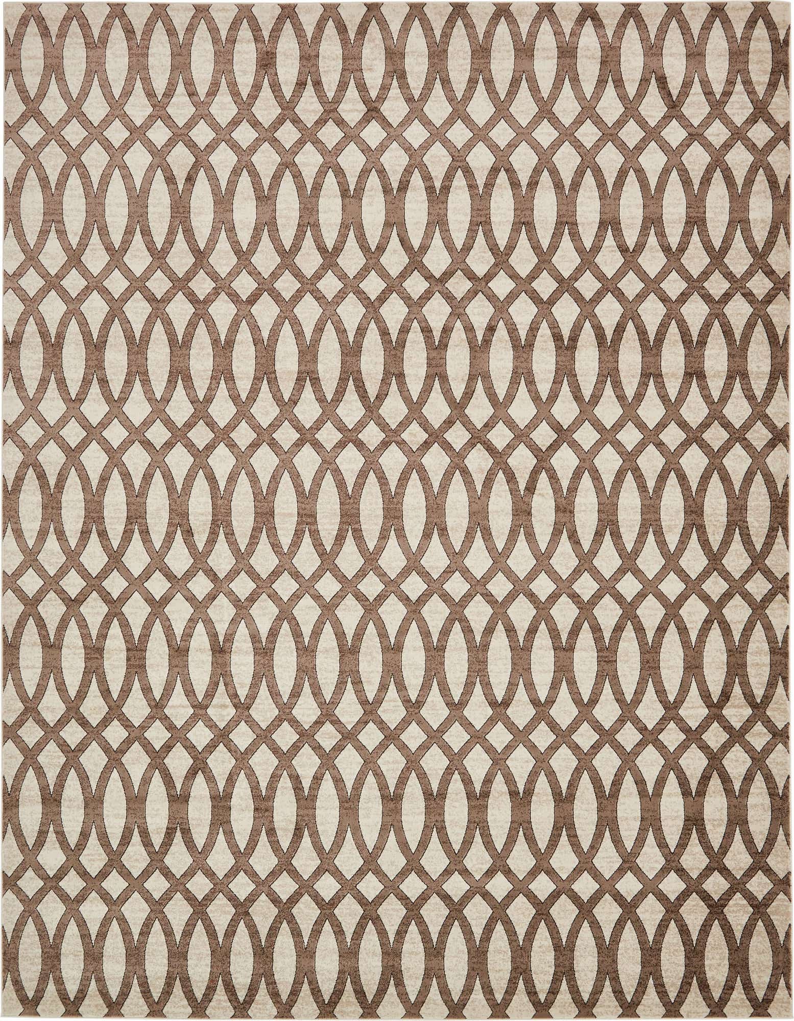 A 10x13 rectangular indoor rug featuring an interlocking trellis pattern in shades of brown and tan, ideal for a living room or office.