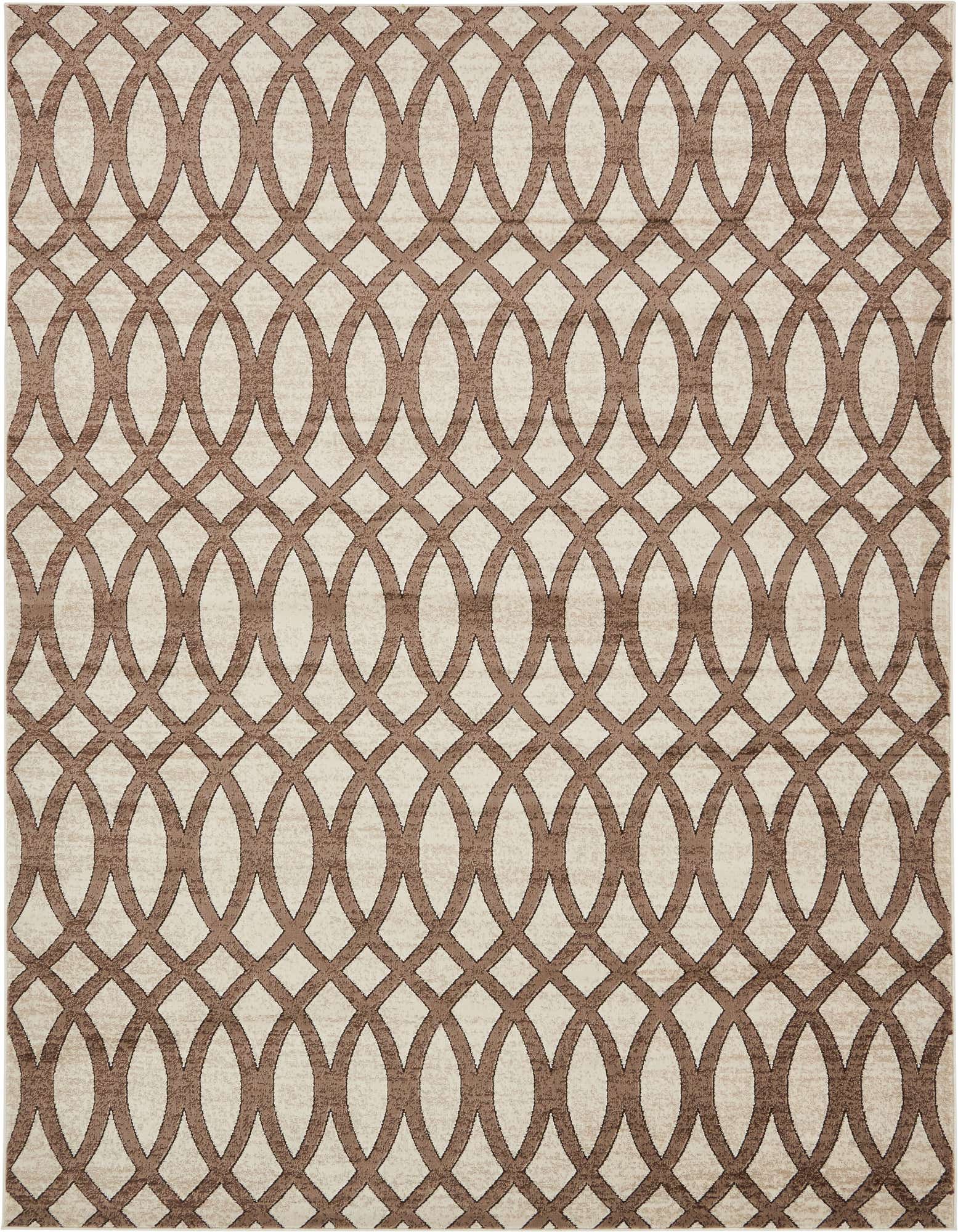 A 7x10 rectangular brown and tan area rug with a repeating trellis pattern, ideal for a living room.