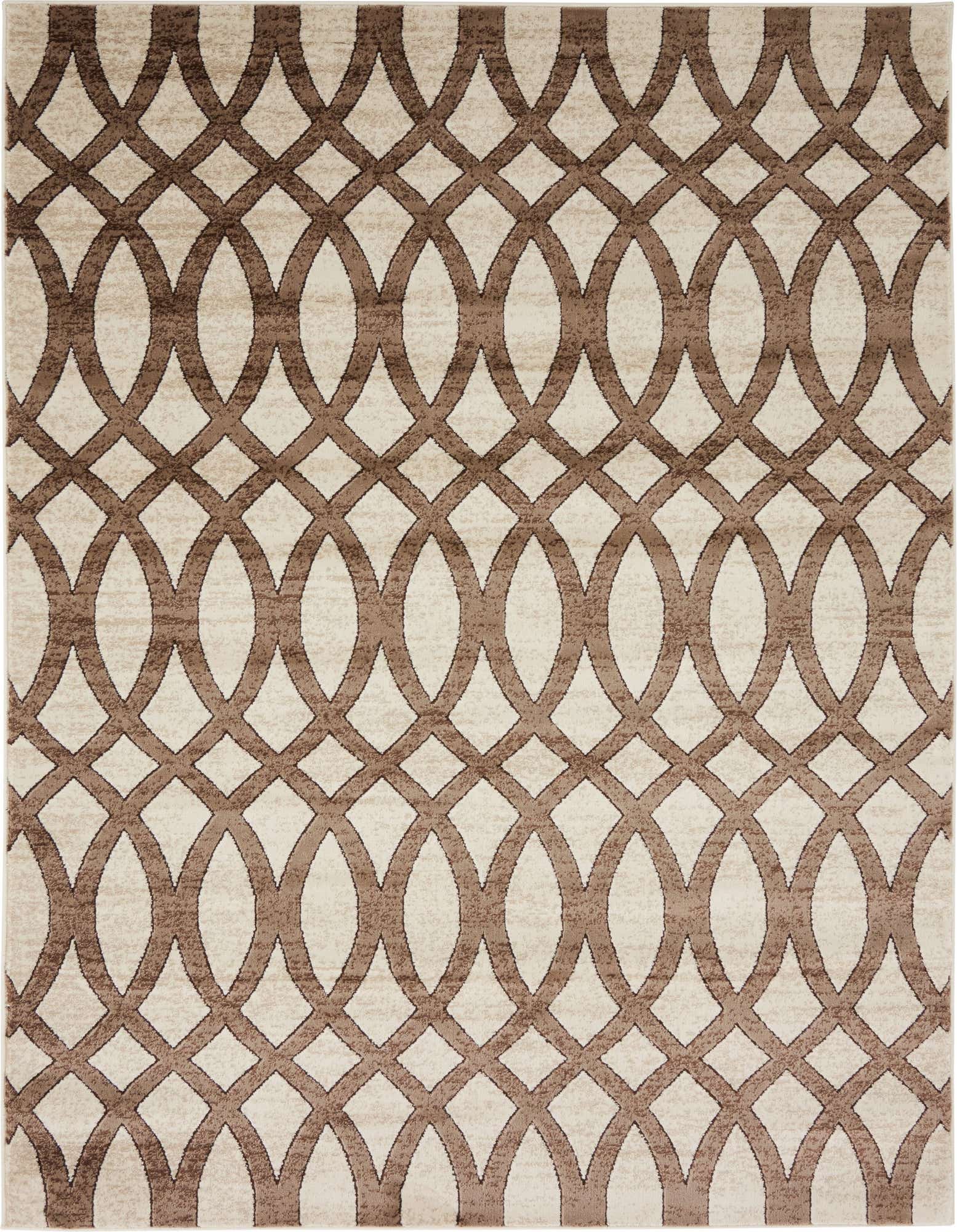 A 5x8 rectangular indoor rug featuring a brown trellis pattern over a textured tan background, suitable for a living room or office.