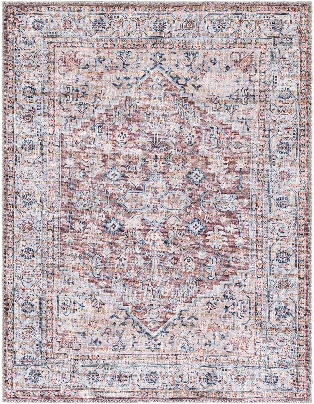 A 3x5 rectangular Rugs.com Nostalgia rug featuring a distressed brown medallion pattern with tan, blue, and rust accents, ideal for an entryway.