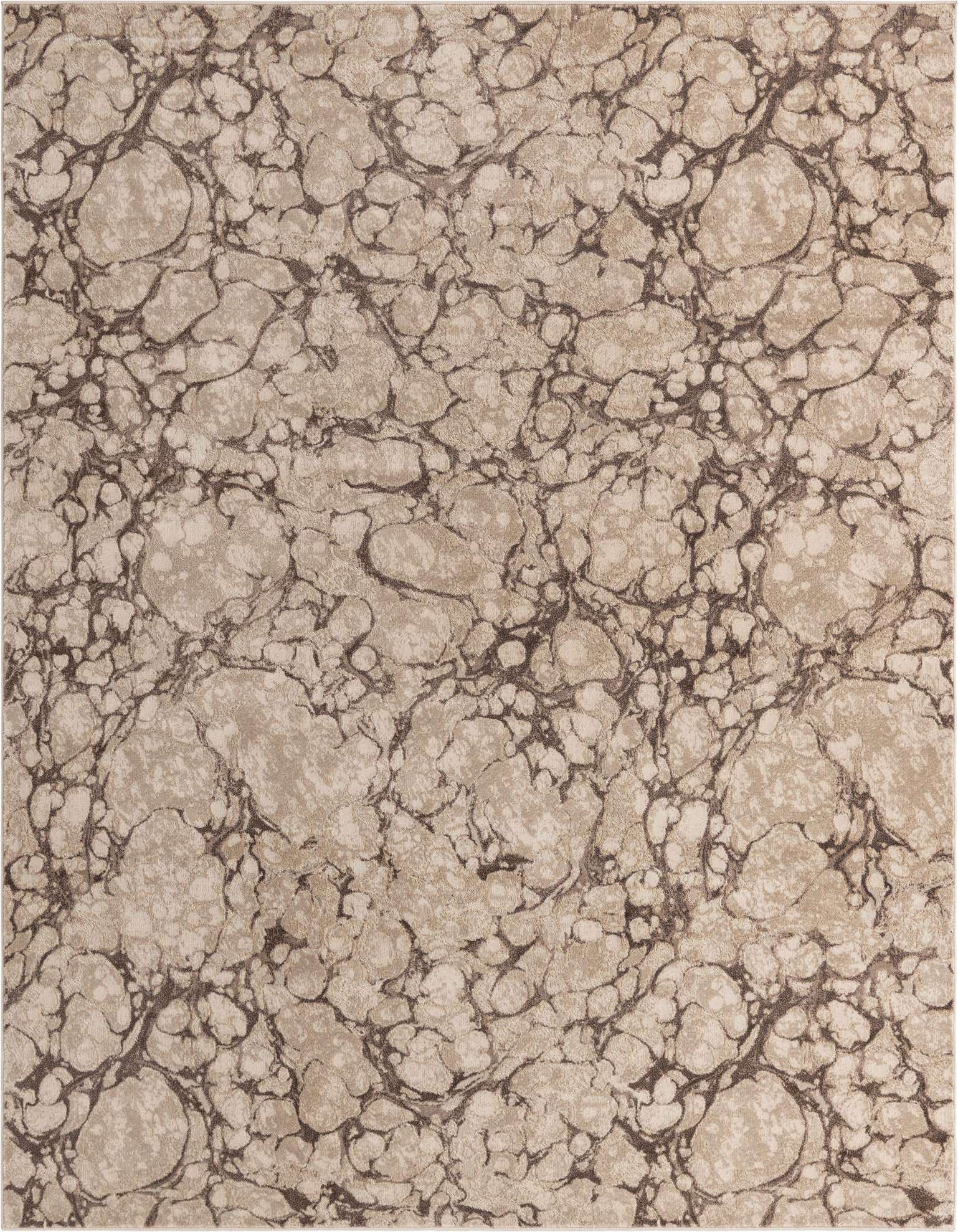 An 8x10 rectangular area rug featuring an abstract, coastal-inspired pattern in varying shades of brown and tan.