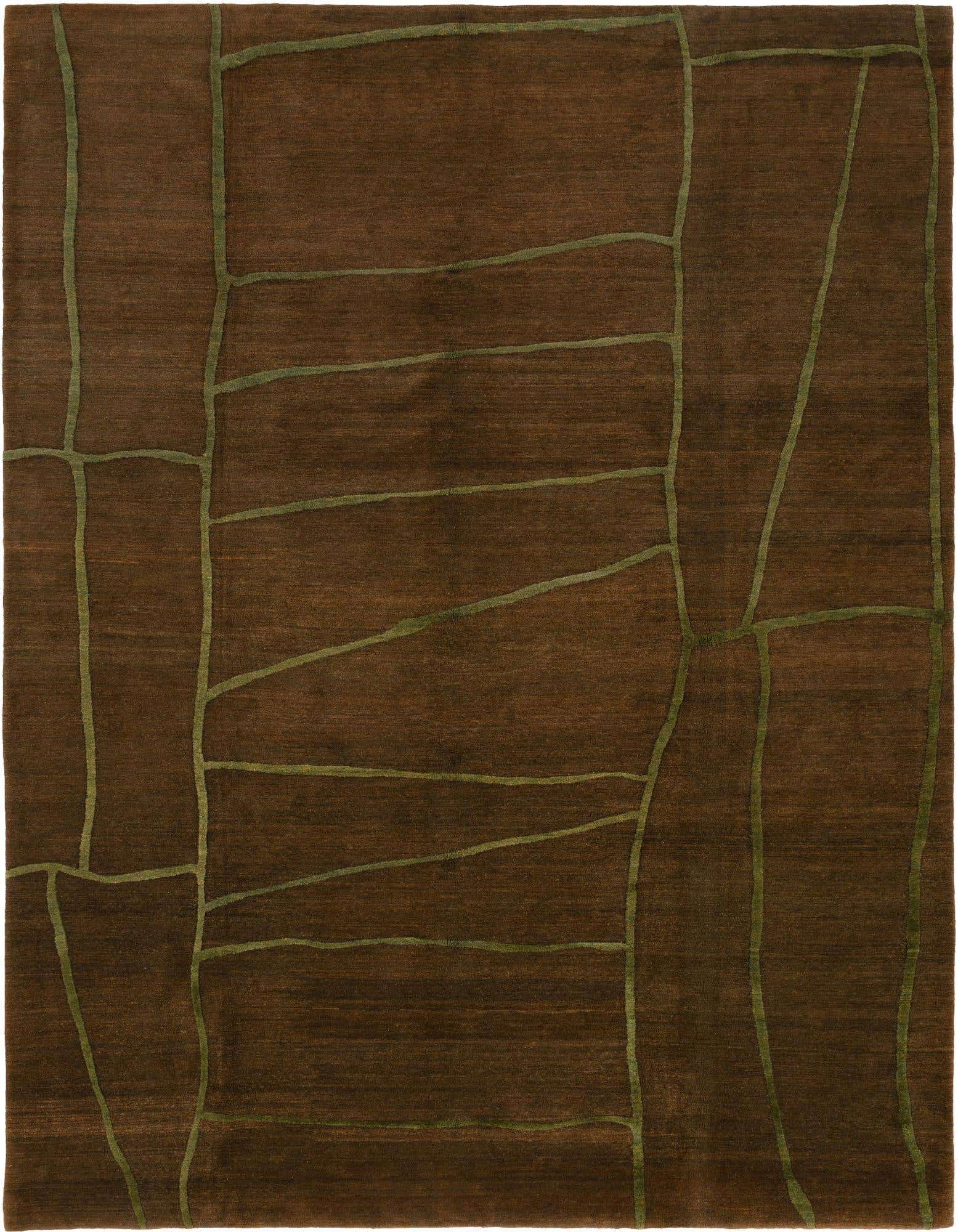 A rectangular 8x10 Odegard wool rug with a rich brown field and an abstract, organic green line pattern.