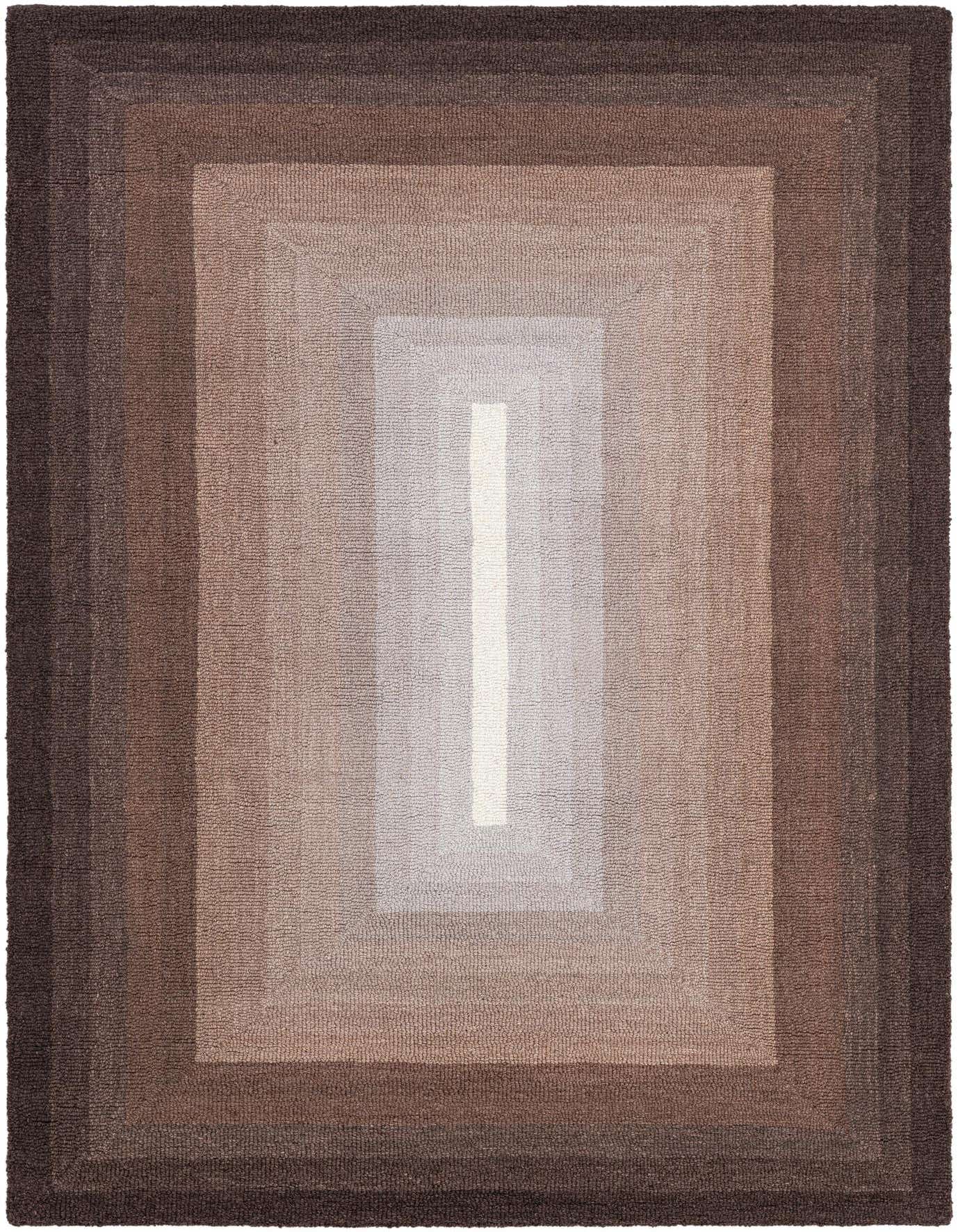 A rectangular 4x6 brown and tan wool rug with a gradient ombre pattern of concentric rectangles, darkest at the edges and lightest in the center.