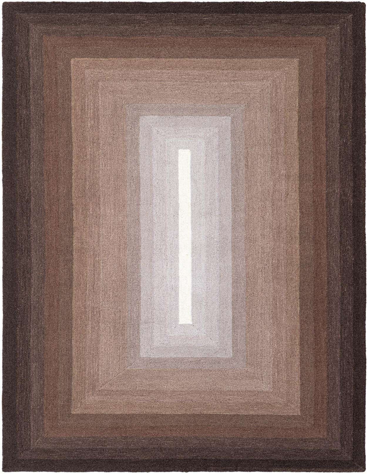 A 5x8 rectangular modern wool rug featuring a gradient ombre pattern of browns and tans, with a high pile.