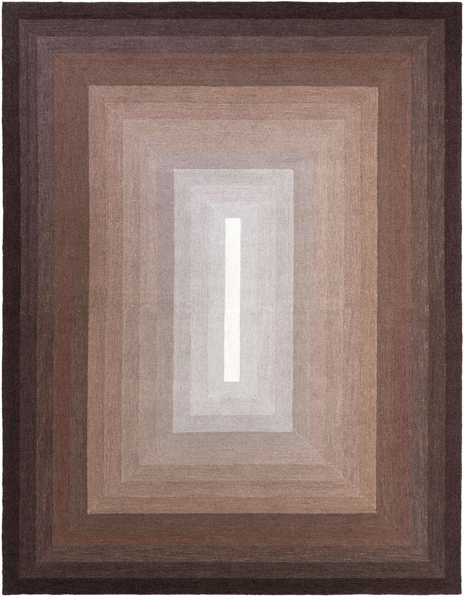 A 9x12 rectangular modern area rug featuring an ombre pattern of concentric rectangles in varying shades of brown and tan, with a light tan center.
