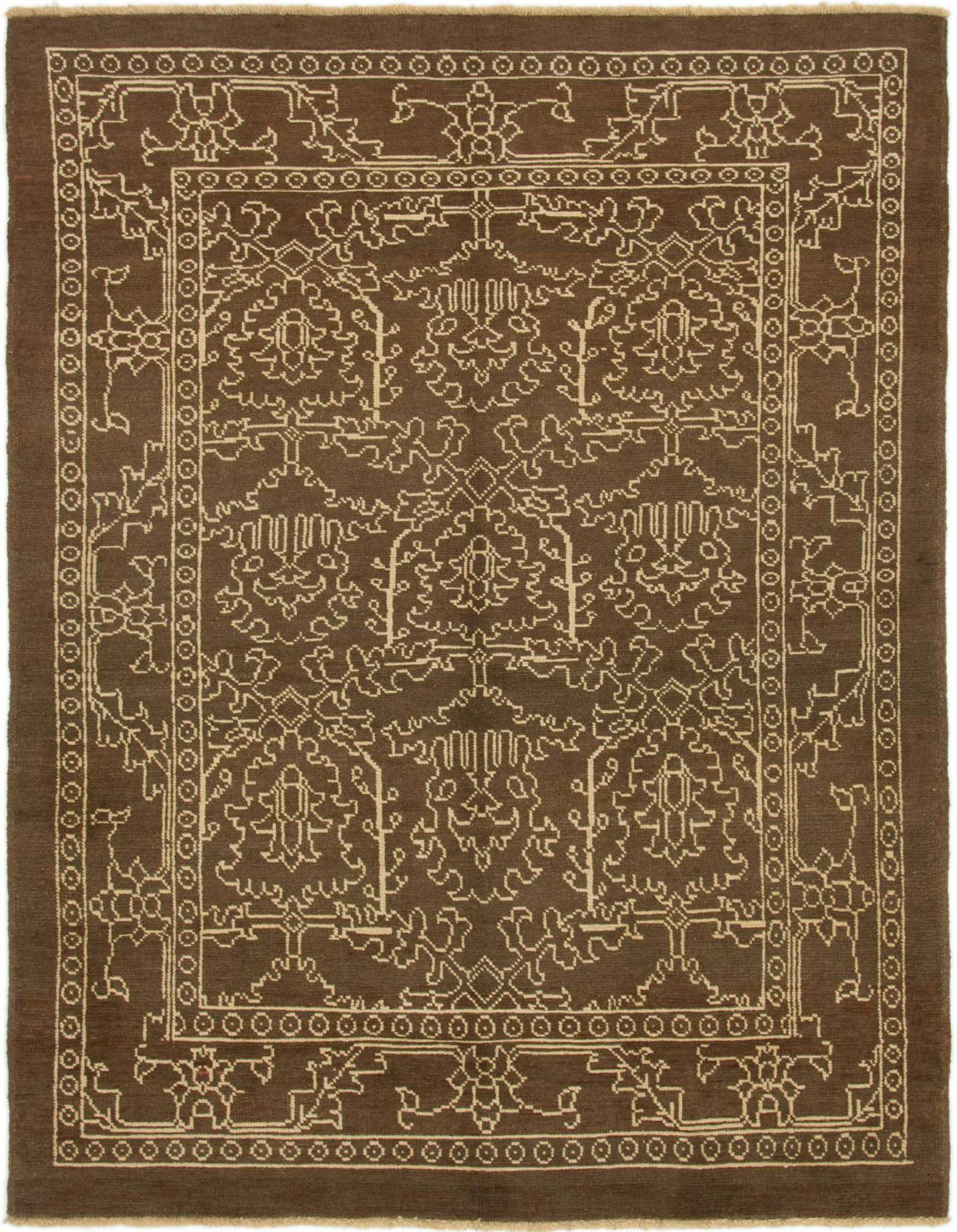 A 7x10 rectangular Rugs.com Oushak rug in brown with a tan traditional tribal pattern and border.