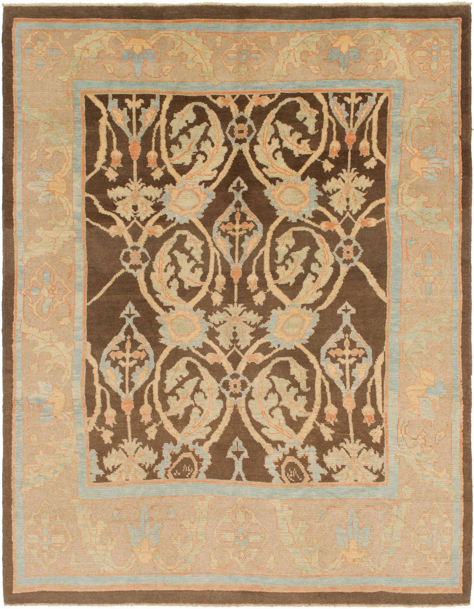 A 9x12 rectangular Oushak rug featuring a traditional tribal pattern in shades of brown, tan, light blue, and peach.