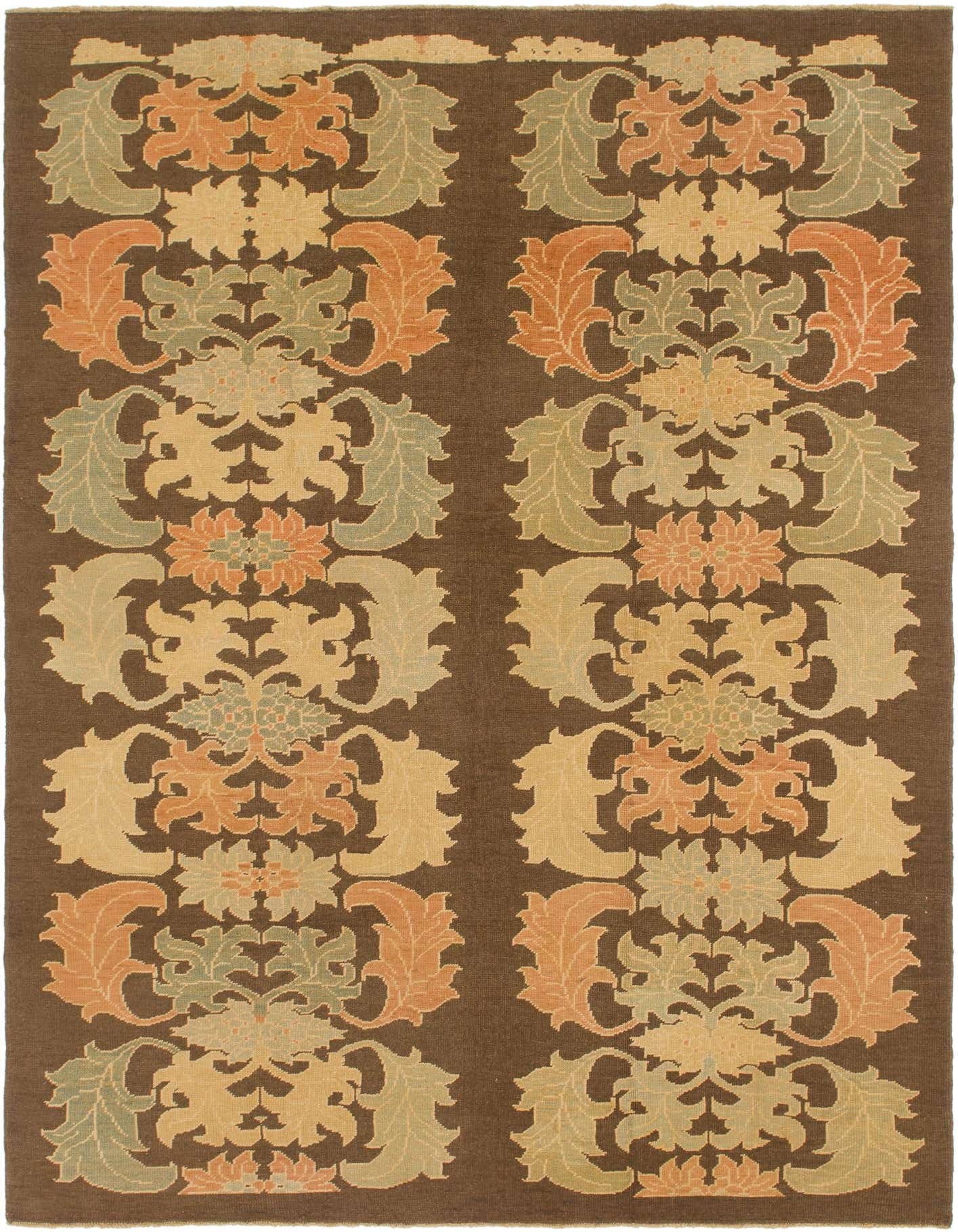A 9x12 rectangular brown wool rug with a traditional Southwestern floral and tribal pattern in tans, oranges, and light greens.