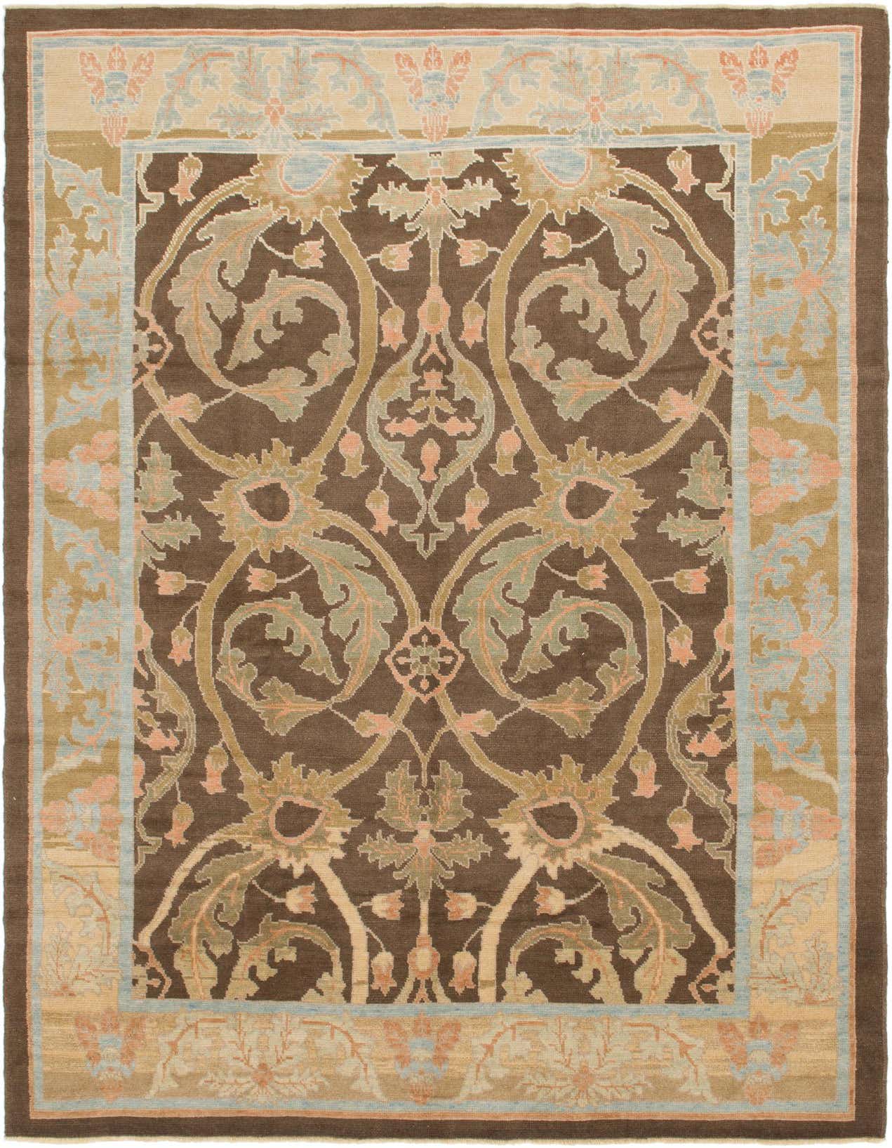 A 10x14 rectangular Oushak wool rug with a dark brown field and an intricate traditional floral and vine pattern in tan, light blue, and muted coral.