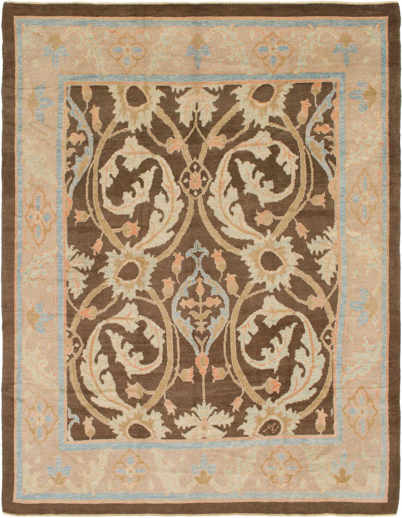 A 10x14 rectangular Oushak rug featuring a traditional brown and tan floral and vine pattern with light blue and peach accents.