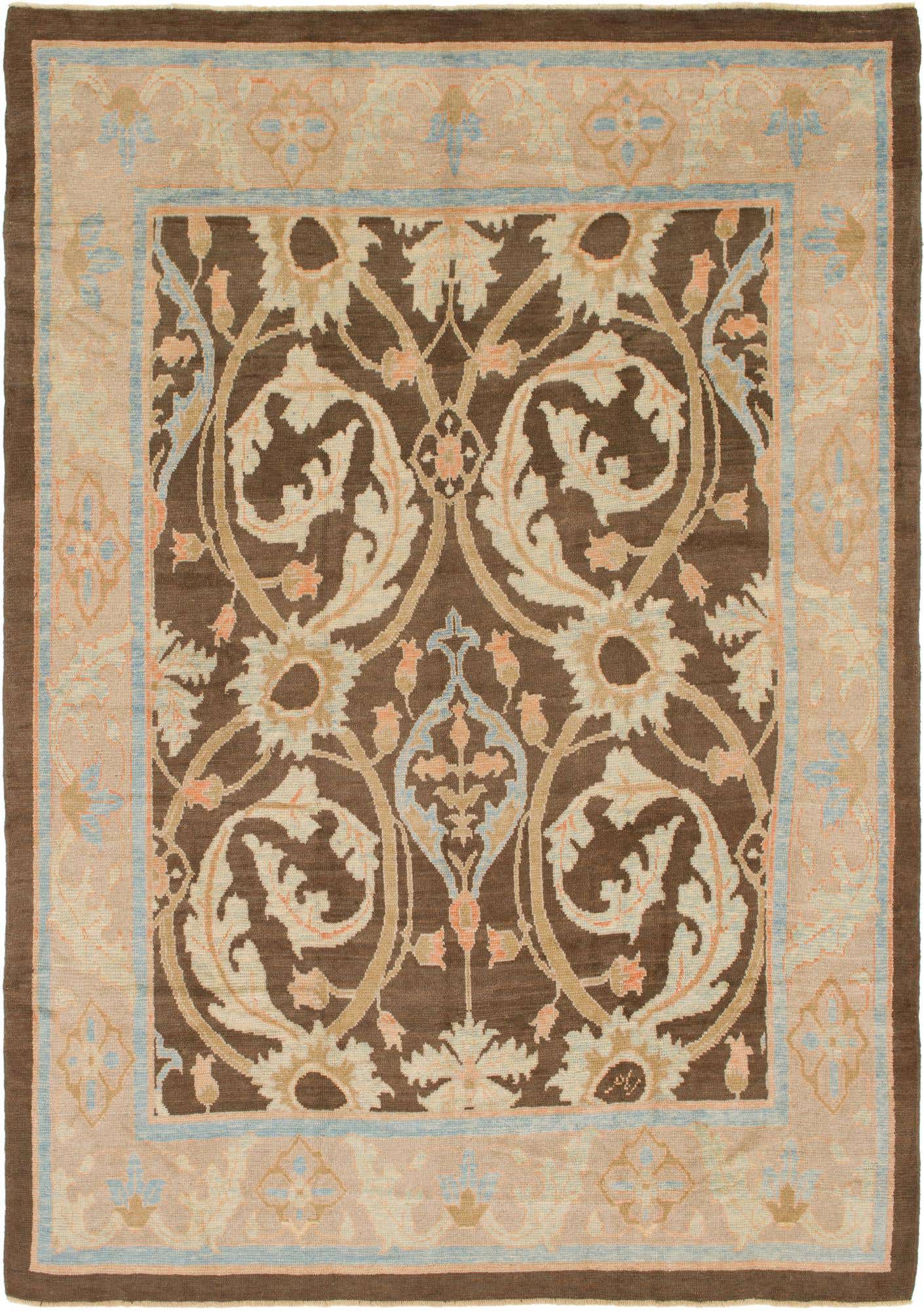 A 10x14 rectangular Oushak rug featuring a traditional brown and tan floral and vine pattern with light blue and peach accents.