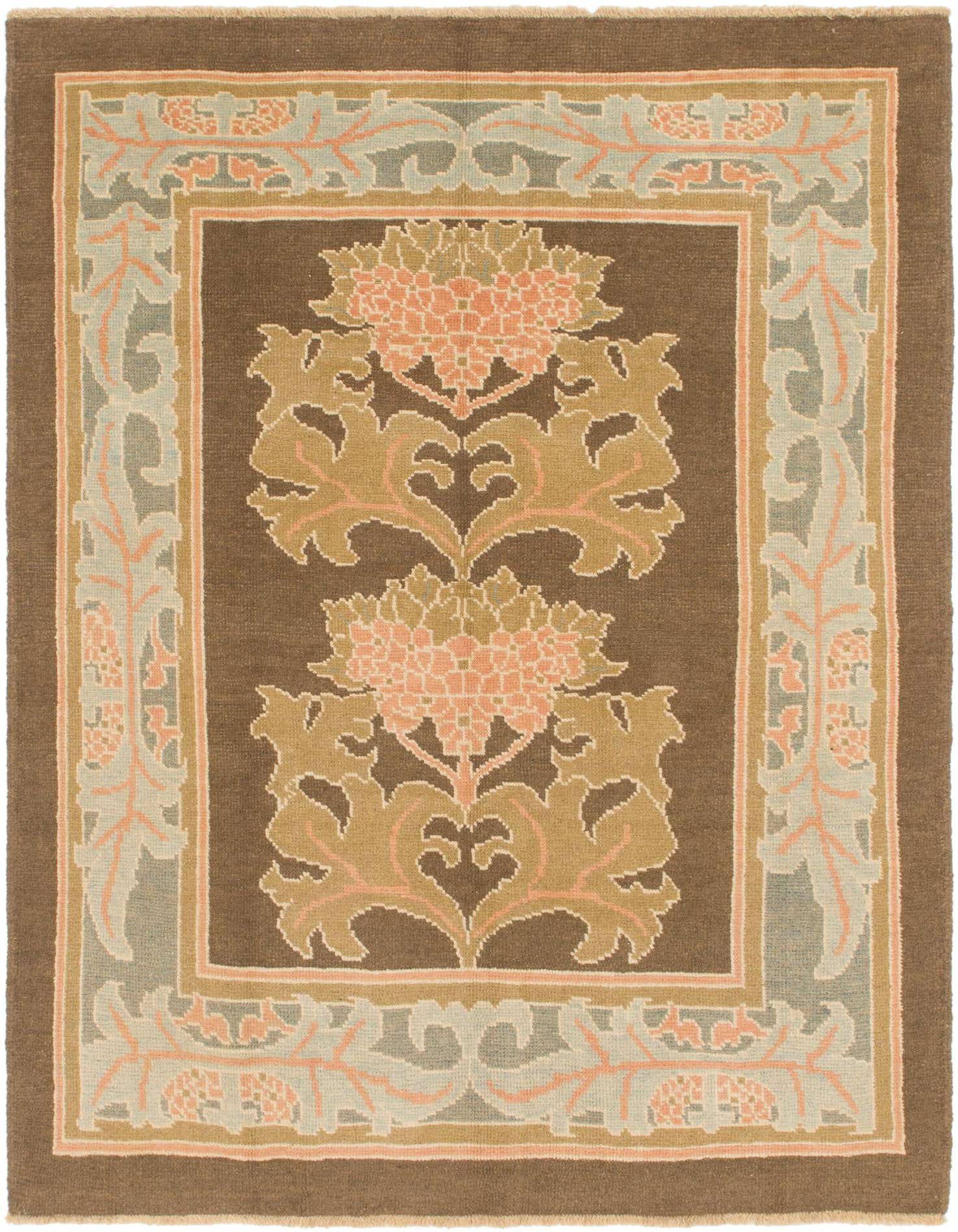 A 6x9 rectangular Oushak wool rug featuring a traditional tribal pattern in browns, tans, and muted peach tones, ideal for a living room.