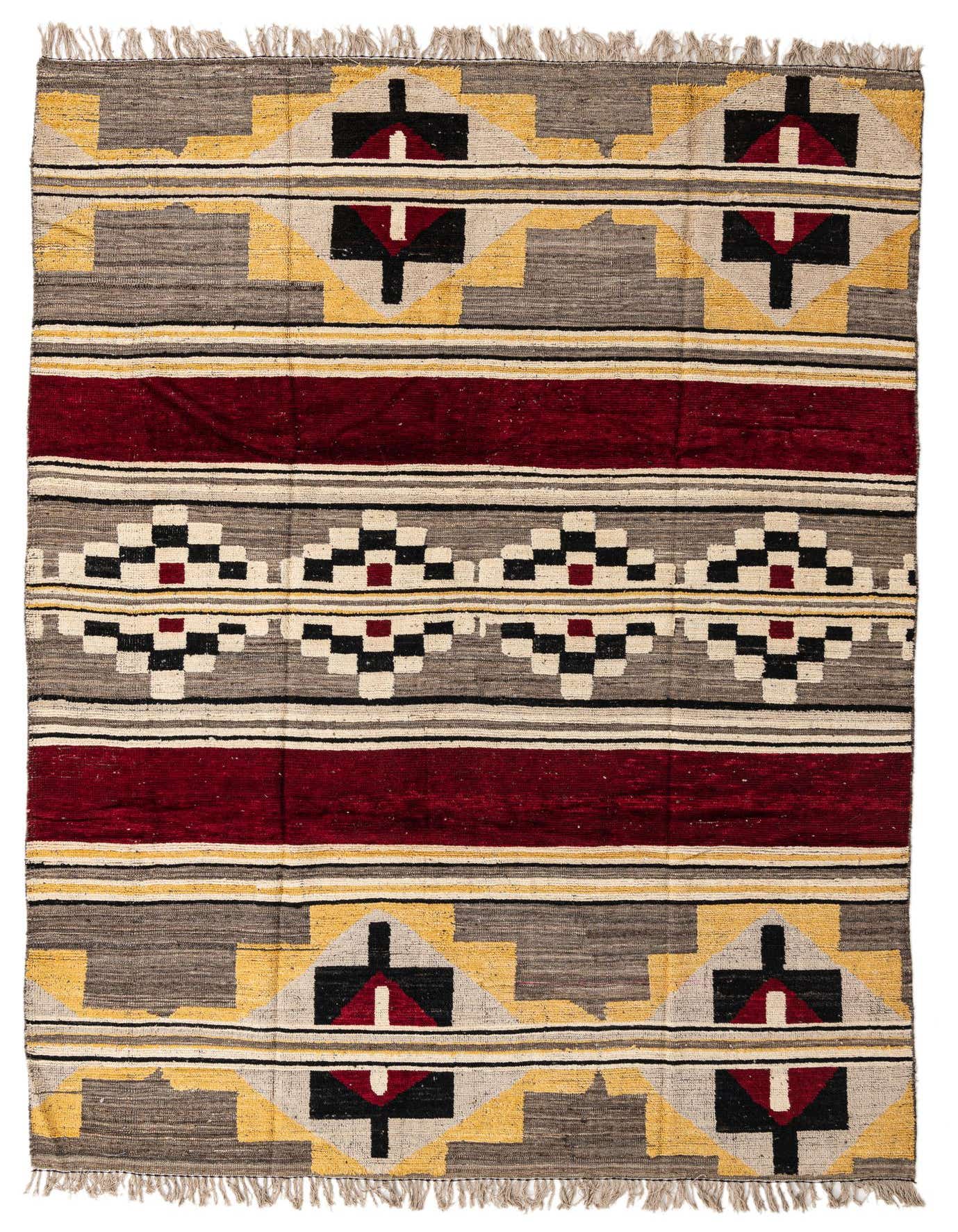 A 9x12 rectangular modern wool rug featuring geometric patterns in shades of brown, tan, red, black, and yellow, with fringe.