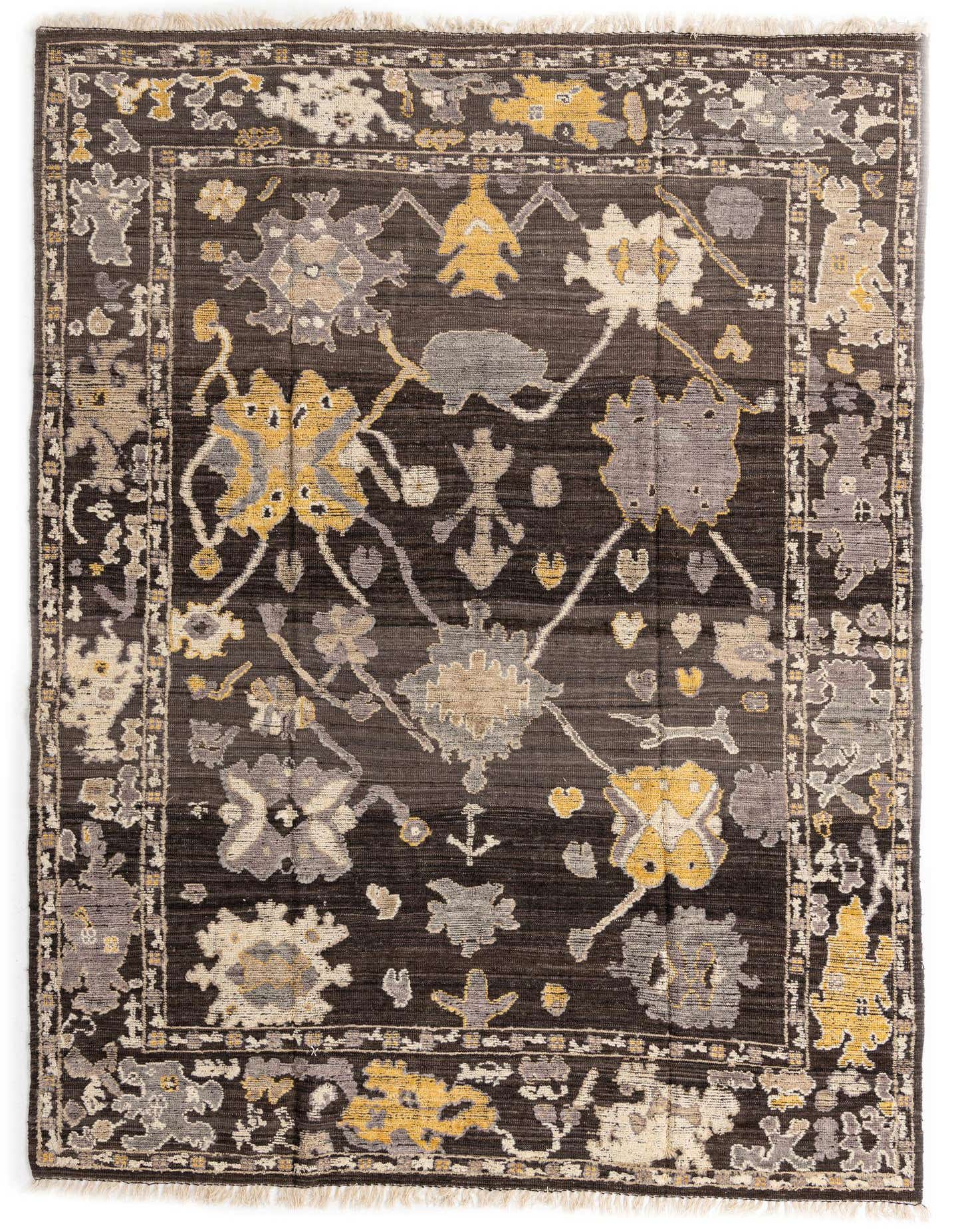 A 9x12 rectangular Oushak rug featuring a modern floral pattern in shades of brown, tan, and yellow.