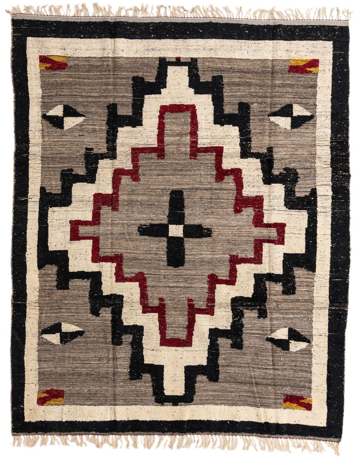 A rectangular 8x10 brown, tan, black, and red modern abstract wool rug with a geometric pattern and fringe.