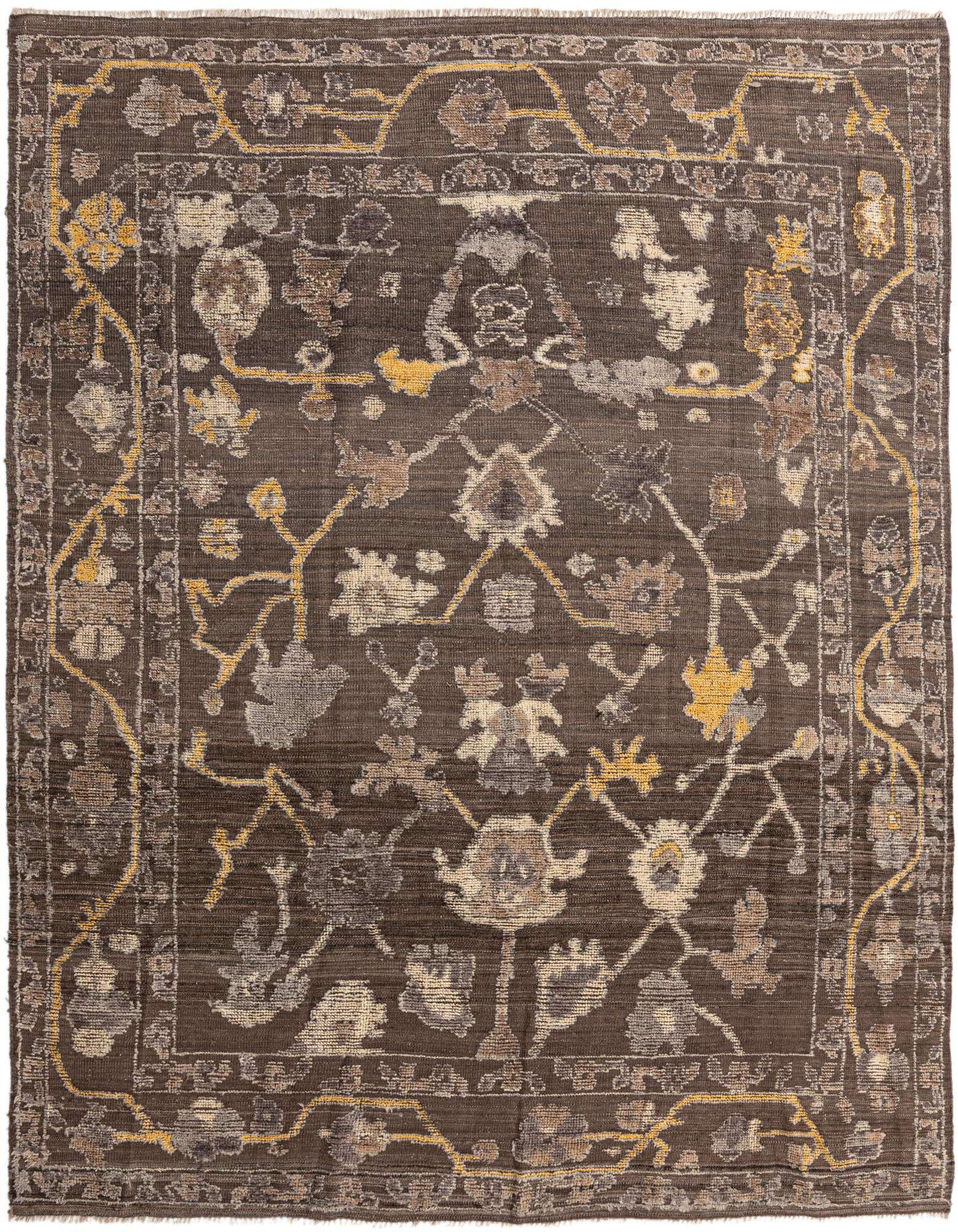 An 8x10 rectangular Oushak rug in shades of brown and tan, featuring a modern abstract pattern.