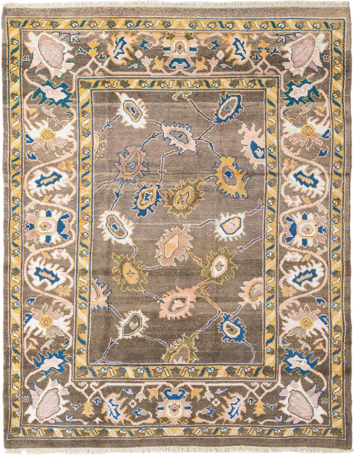 A 5x8 rectangular Oushak rug with a brown and tan field, featuring a traditional floral pattern in blue, pink, and yellow.