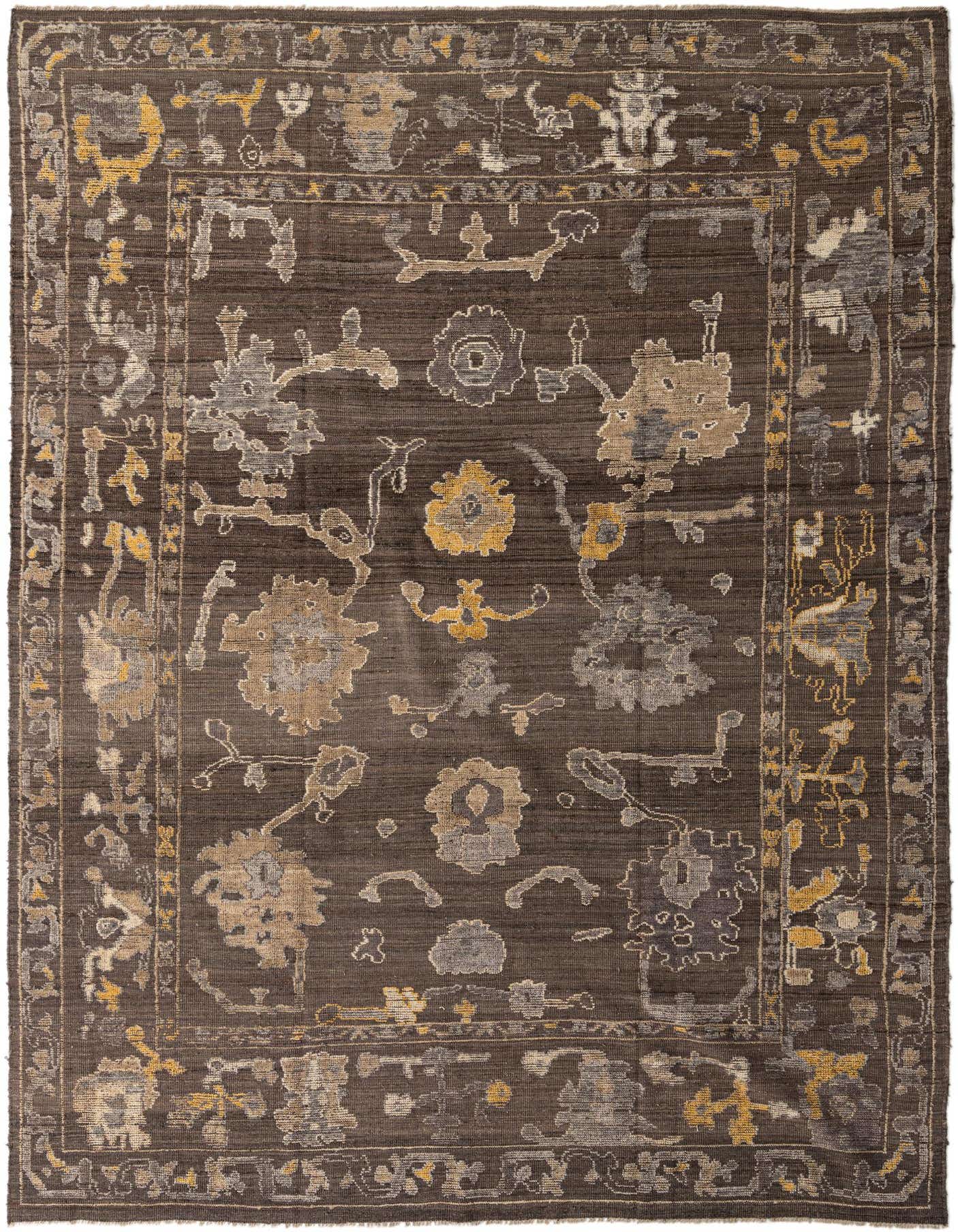A 10x14 rectangular Oushak rug in shades of brown and tan, featuring a traditional floral pattern with gold accents.