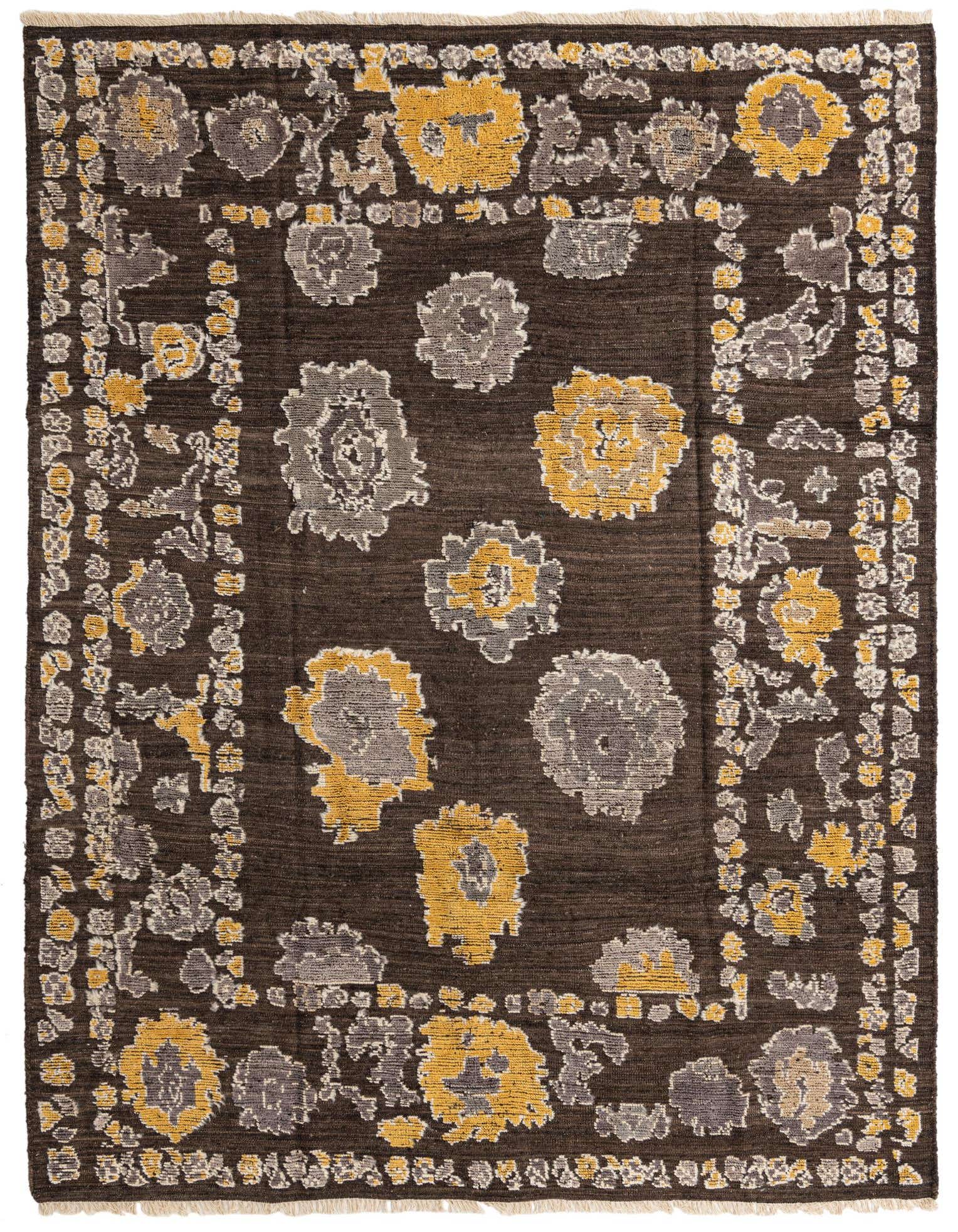 A rectangular 8x10 brown wool rug with an abstract floral pattern in gold and grey, featuring a decorative border.