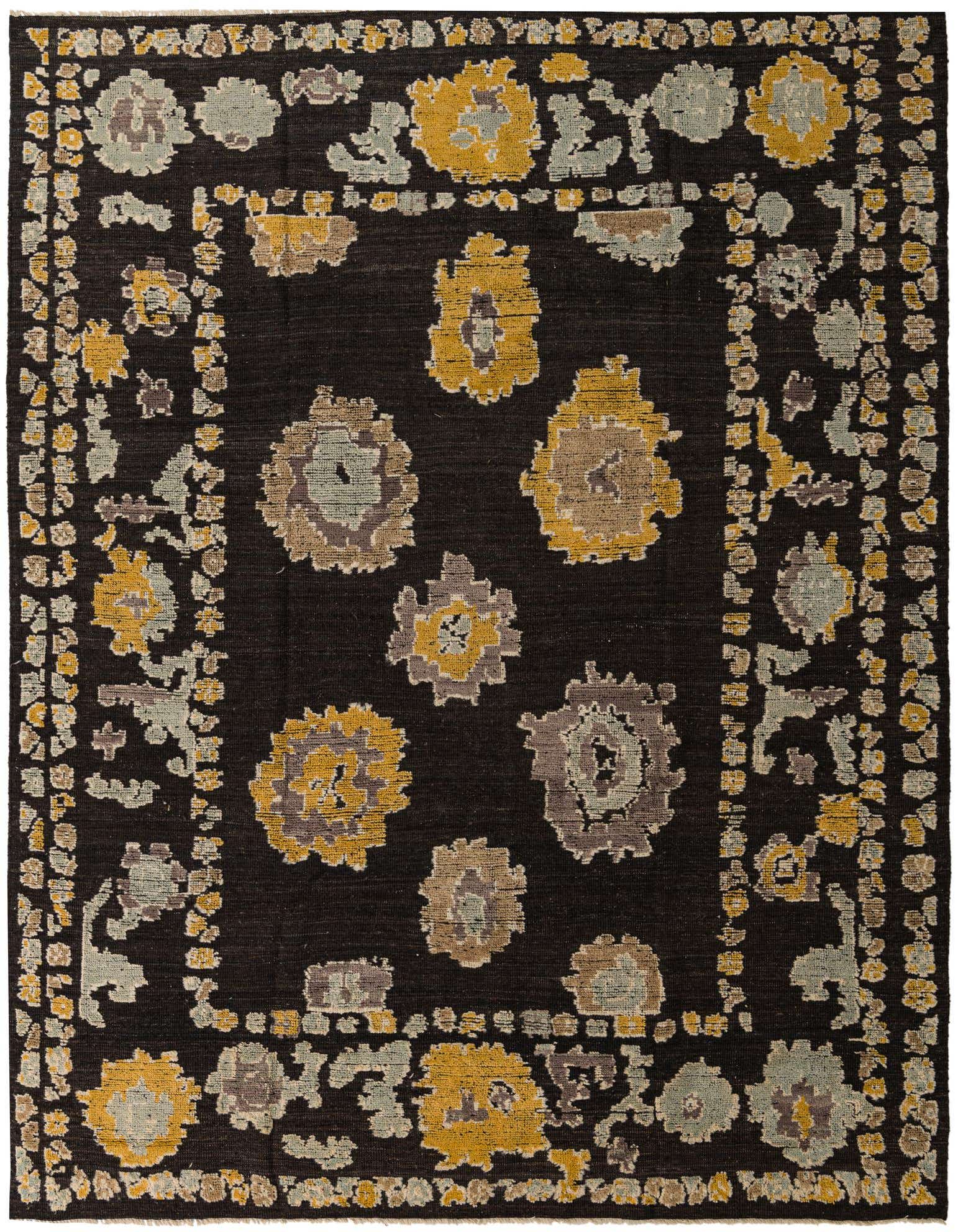 A 9x12 rectangular Oushak rug with a dark brown background and a floral pattern in shades of gold, tan, and light blue.