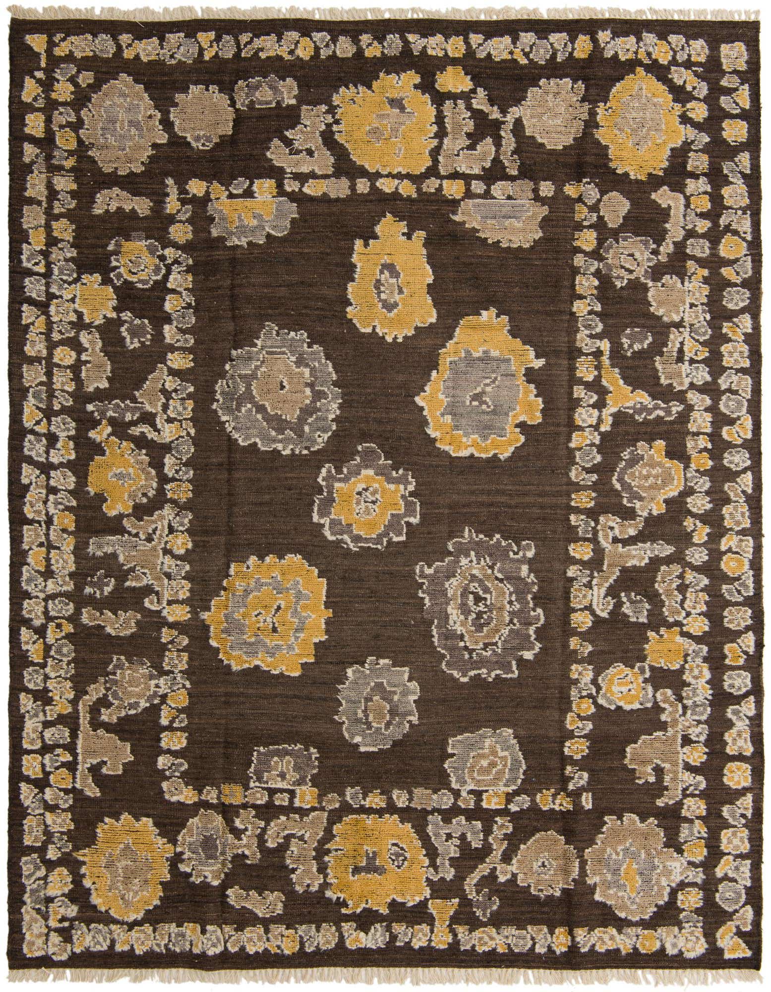 An 8x10 rectangular Oushak wool rug featuring a modern abstract floral pattern in brown, tan, and gold.