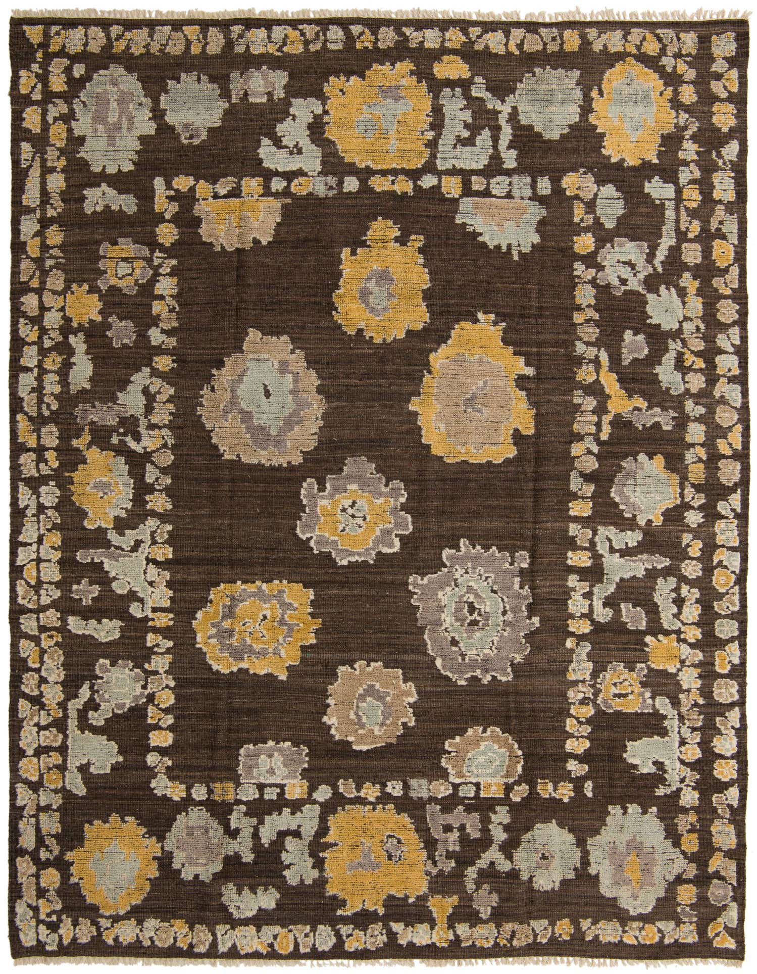 A 9x12 rectangular Oushak rug with a dark brown background and abstract floral patterns in tan, gold, and light blue.
