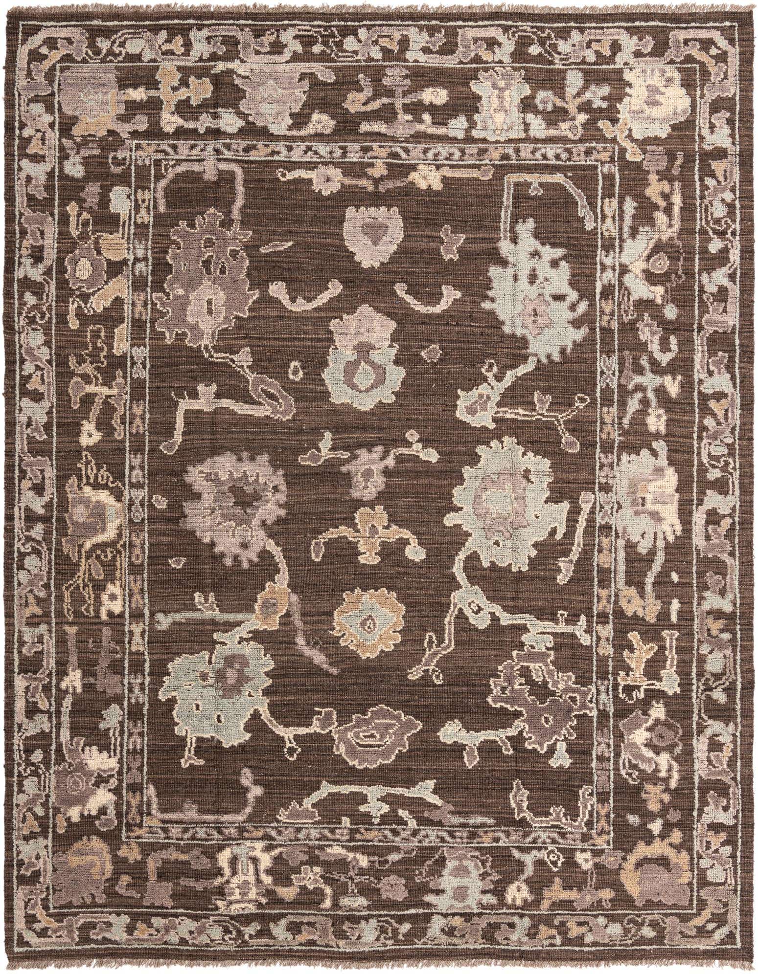 A 9x12 rectangular brown modern Oushak rug with tan and light blue floral patterns and a decorative border.
