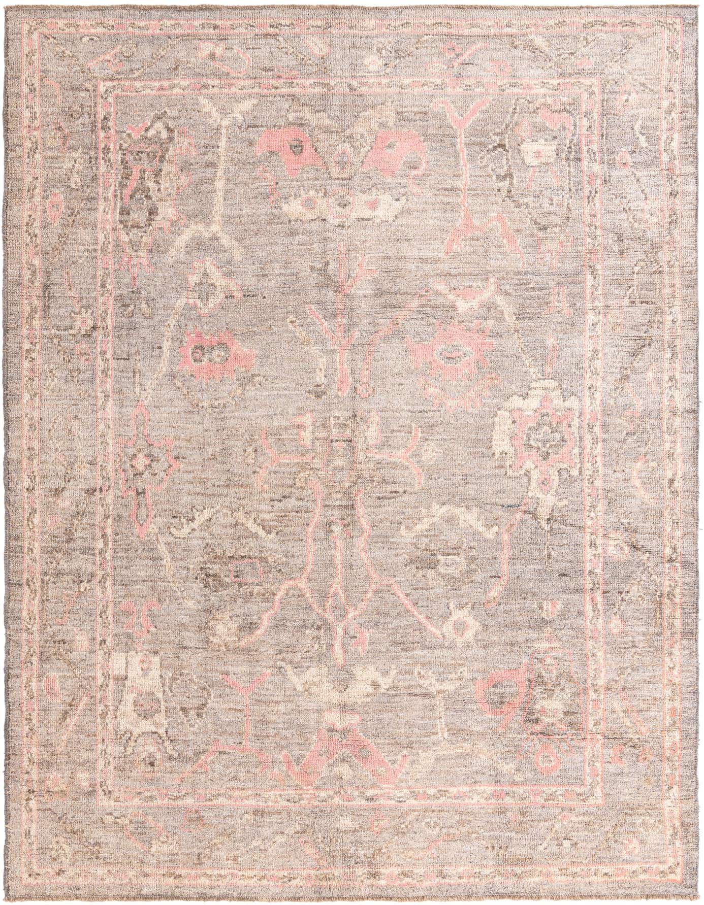 A 9x12 rectangular Oushak rug in shades of brown and tan with a subtle modern pattern and pink accents.