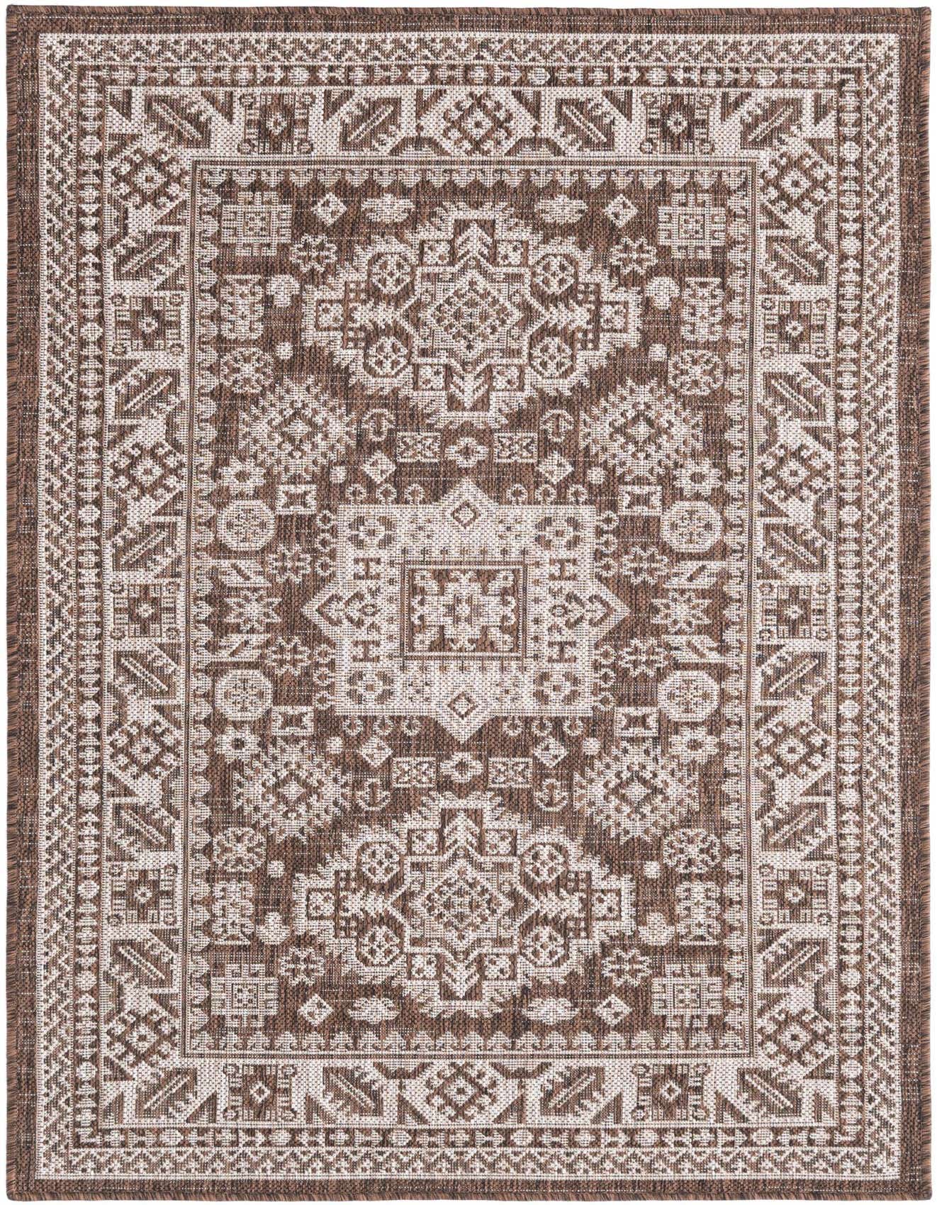 A 3x5 rectangular indoor/outdoor rug featuring a brown and tan Southwestern tribal pattern with a flatweave texture.