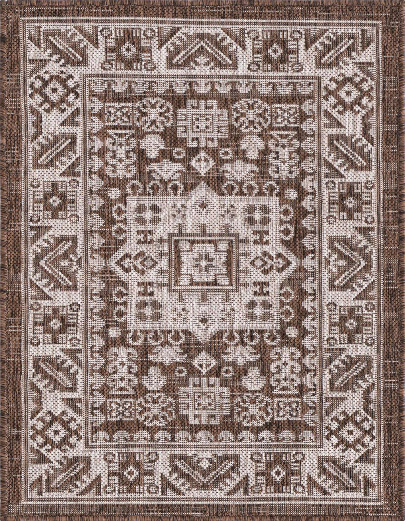 A 2x3 rectangular Rugs.com Outdoor Aztec rug featuring a complex Southwestern and tribal pattern in varying shades of brown and tan.
