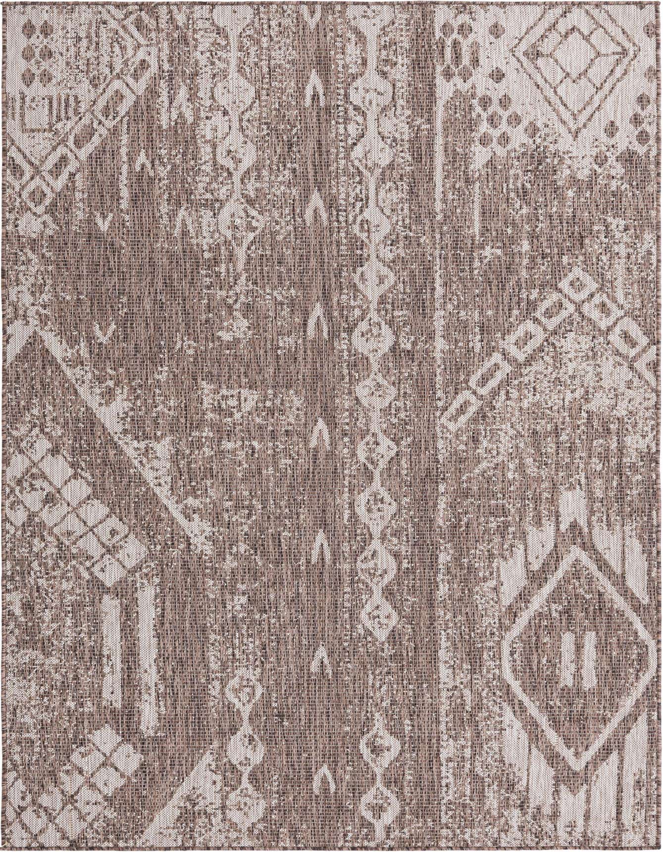 A 5x8 rectangular brown and tan modern area rug with a distressed geometric pattern, suitable for indoor or outdoor use.