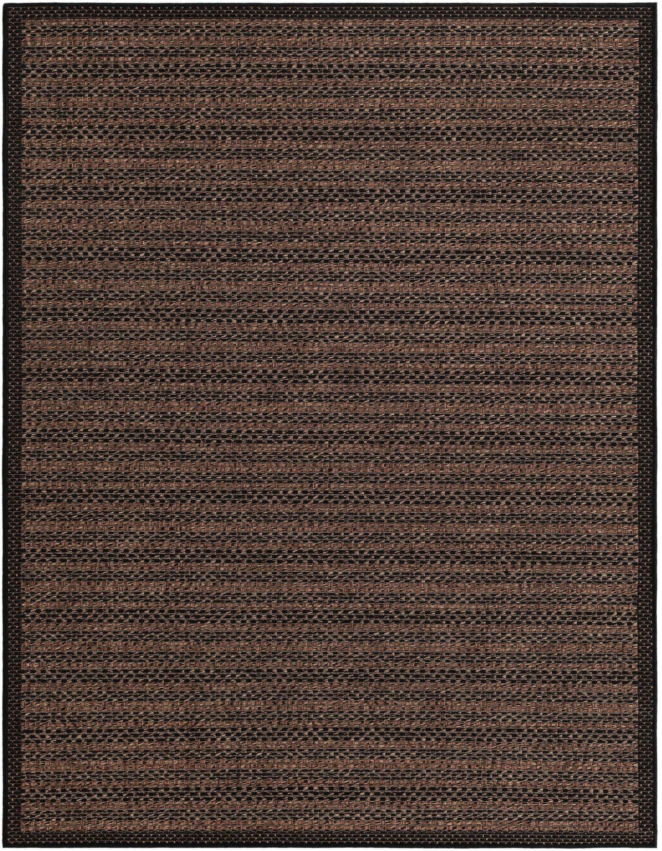 A 5x8 rectangular brown and black flatweave rug with a subtle textured stripe pattern and dark border.