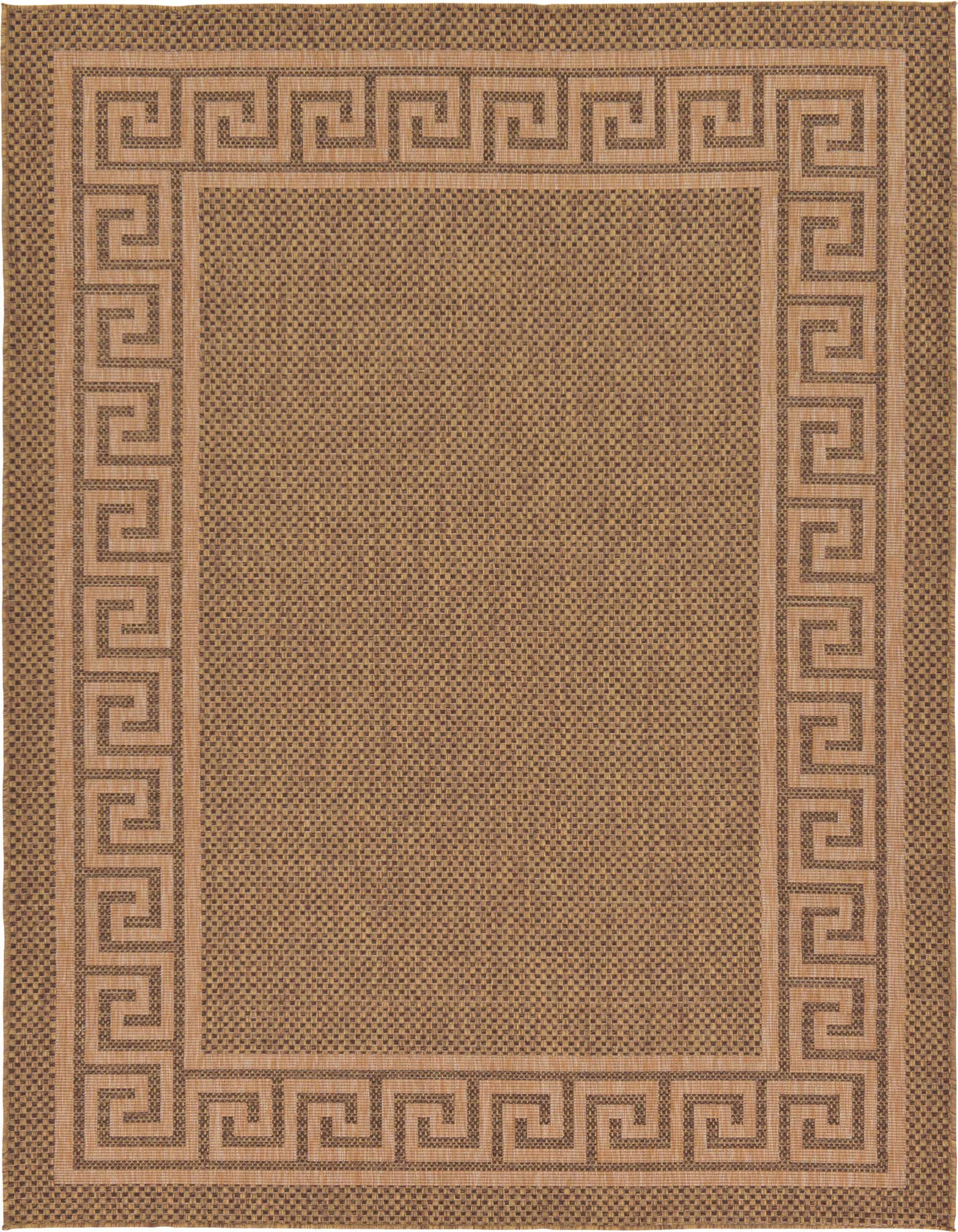 A 7x10 rectangular brown and tan indoor/outdoor rug with a modern Greek key border pattern.