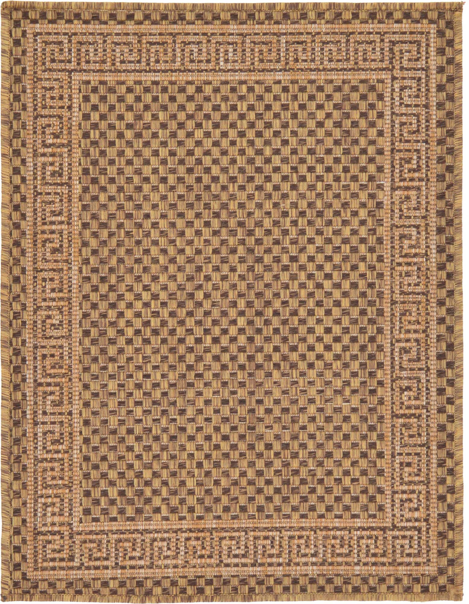 A 2x3 rectangular brown and tan indoor/outdoor flatweave rug with a tribal border pattern.