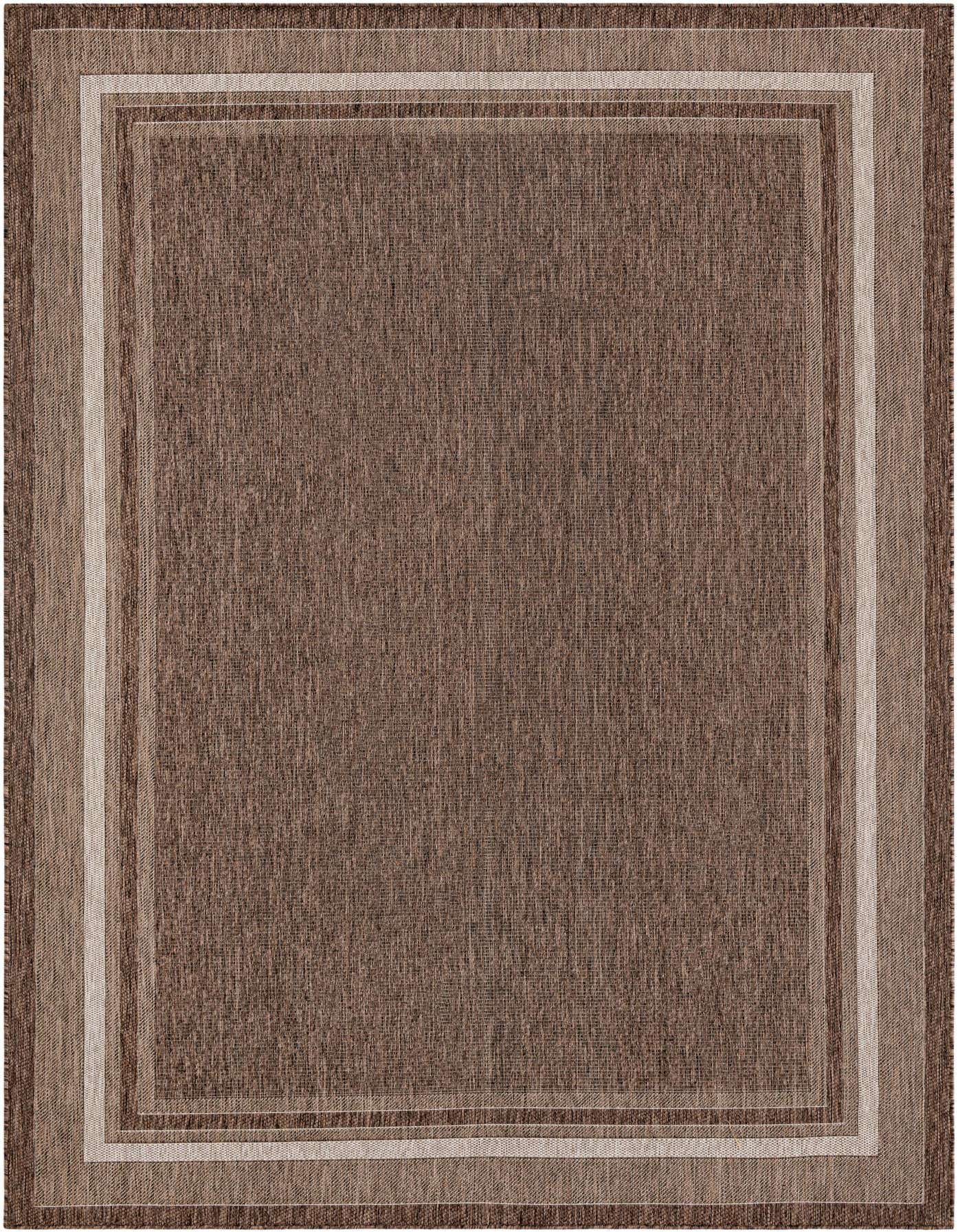 A rectangular 8x11 brown and tan flatweave rug with a subtle striped border, suitable for indoor or outdoor use.