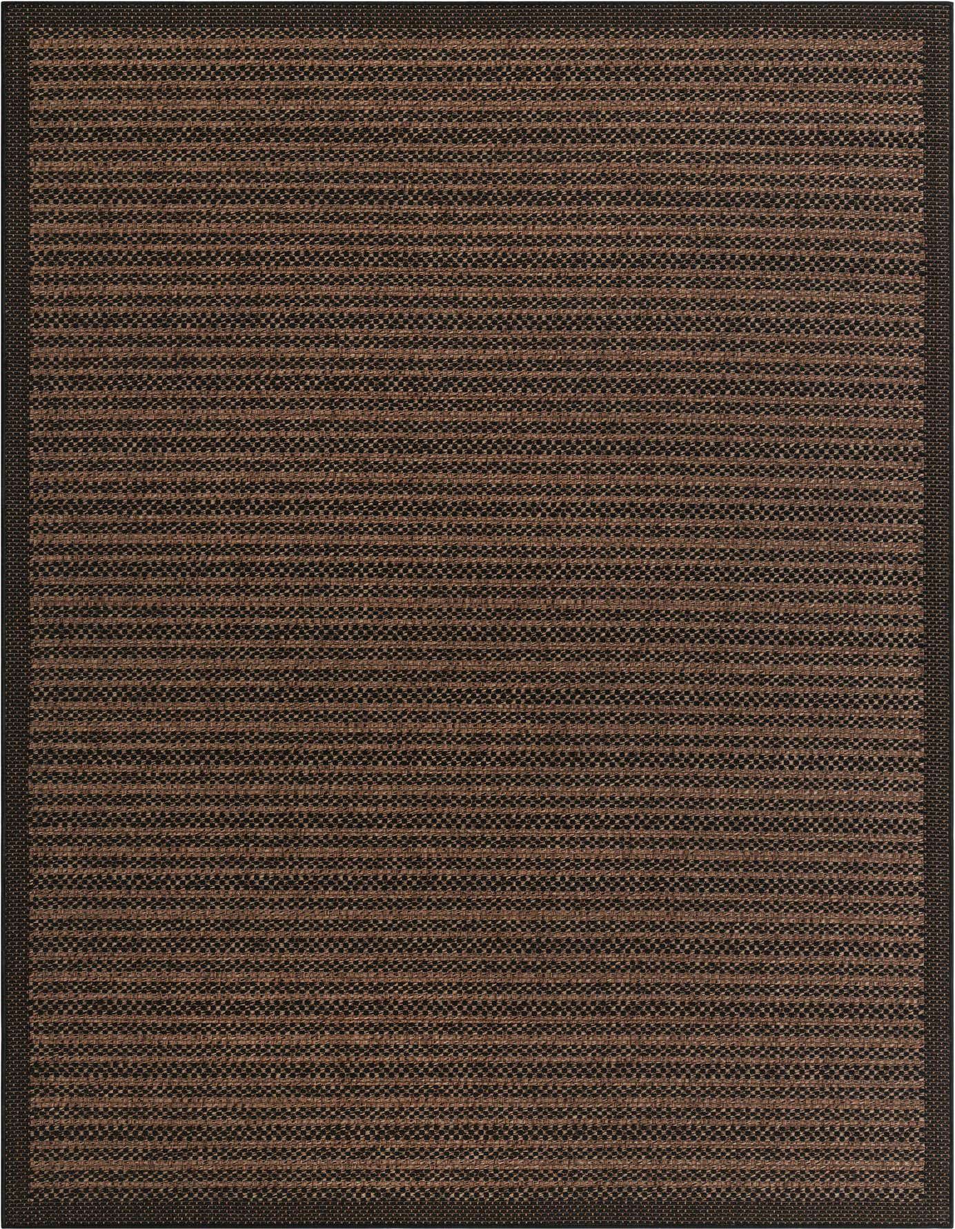 A rectangular 8x11 brown and black striped flatweave rug with a dark border, suitable for indoor or outdoor use.