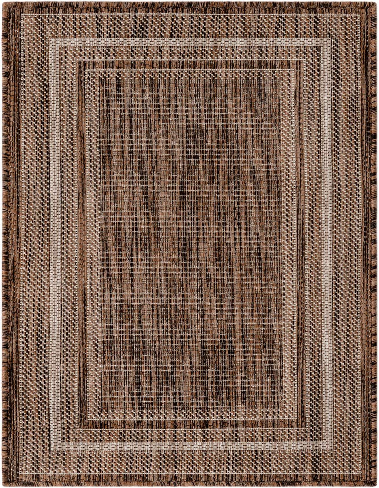 A 2x3 rectangular brown and tan indoor/outdoor flatweave rug with a subtle striped border pattern.