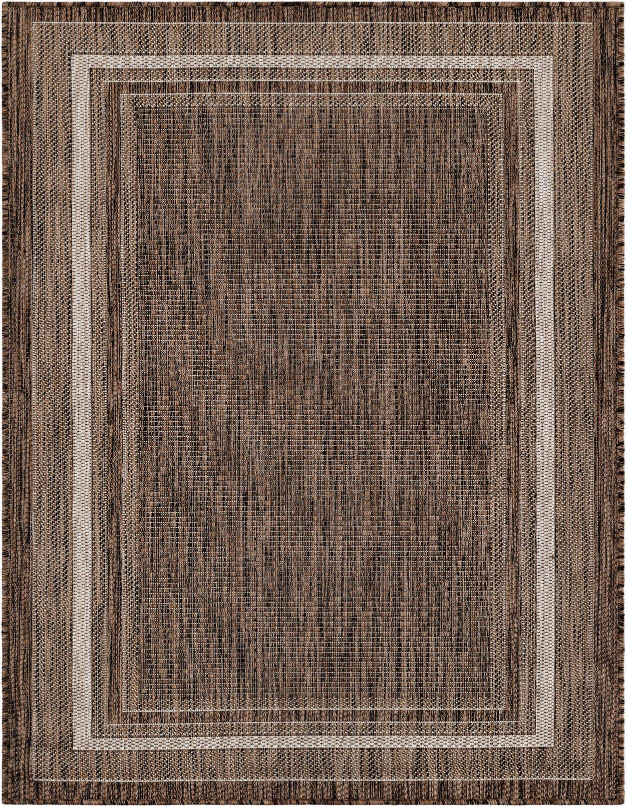 A 3x5 rectangular brown and tan flatweave rug with a modern solid border design, suitable for indoor/outdoor use.