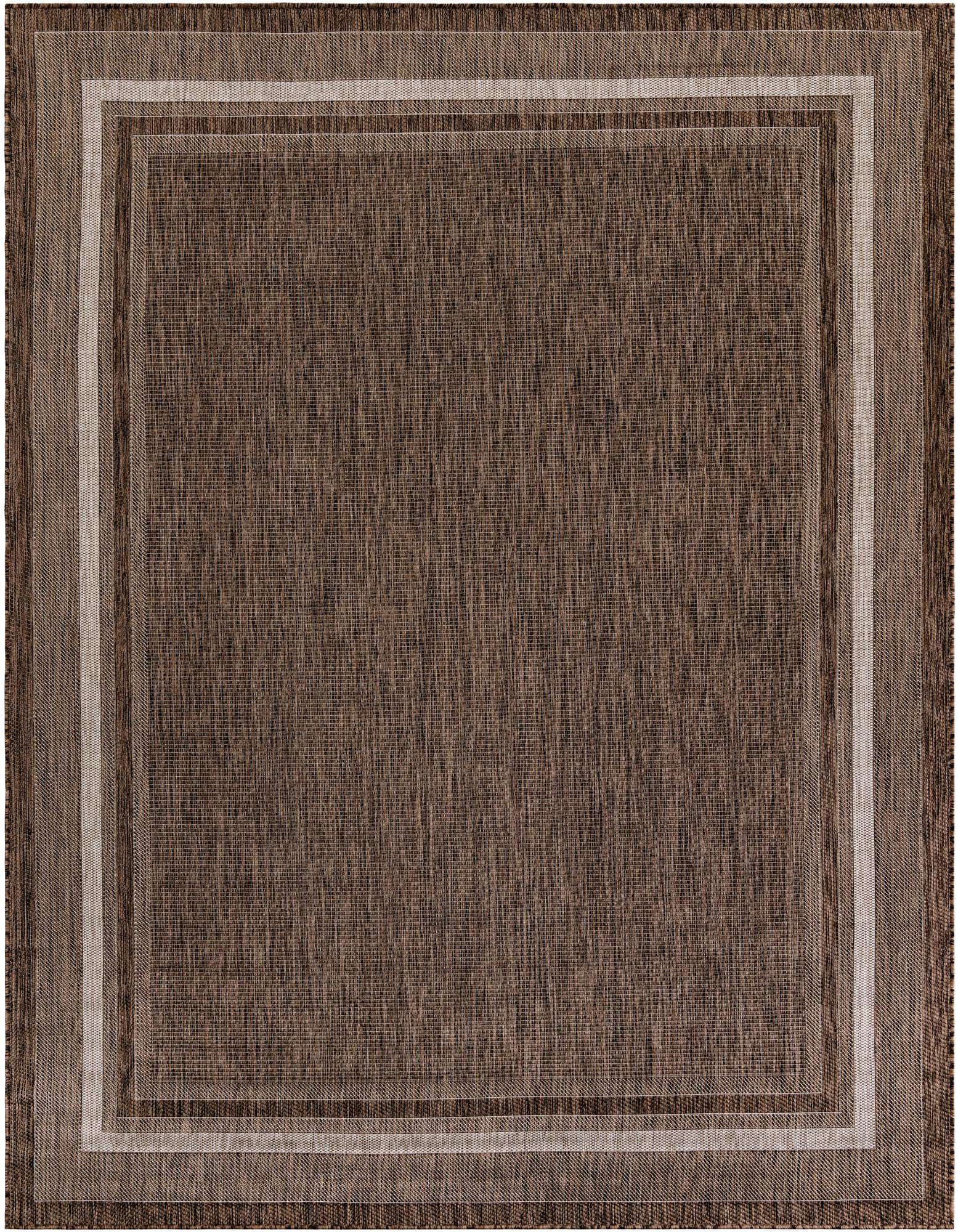 A rectangular 8x10 brown flatweave rug with a subtle tan and light brown striped border, suitable for indoor or outdoor use.