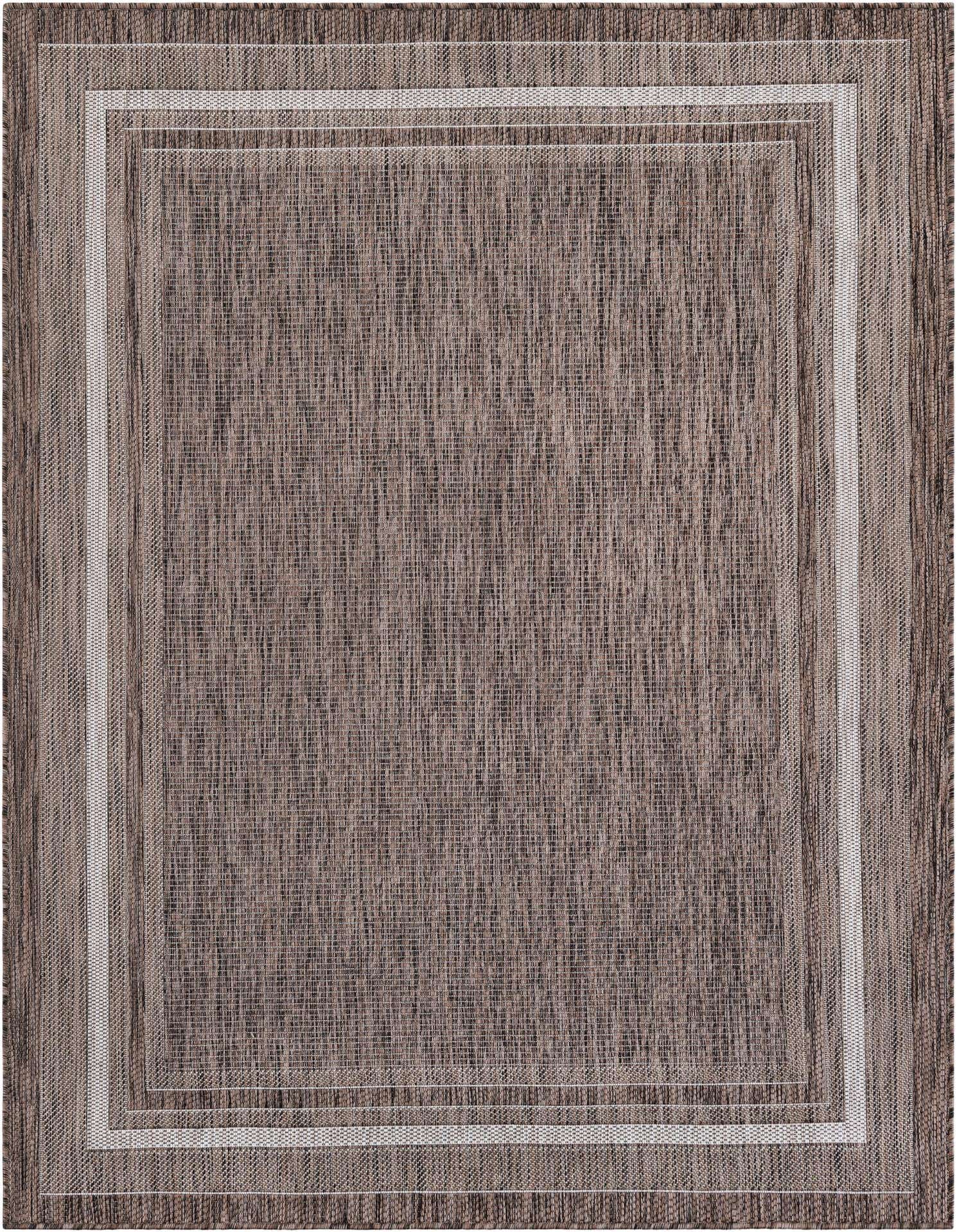 A 5x7 rectangular brown and tan modern flatweave rug with a subtle striped border, ideal for a patio.