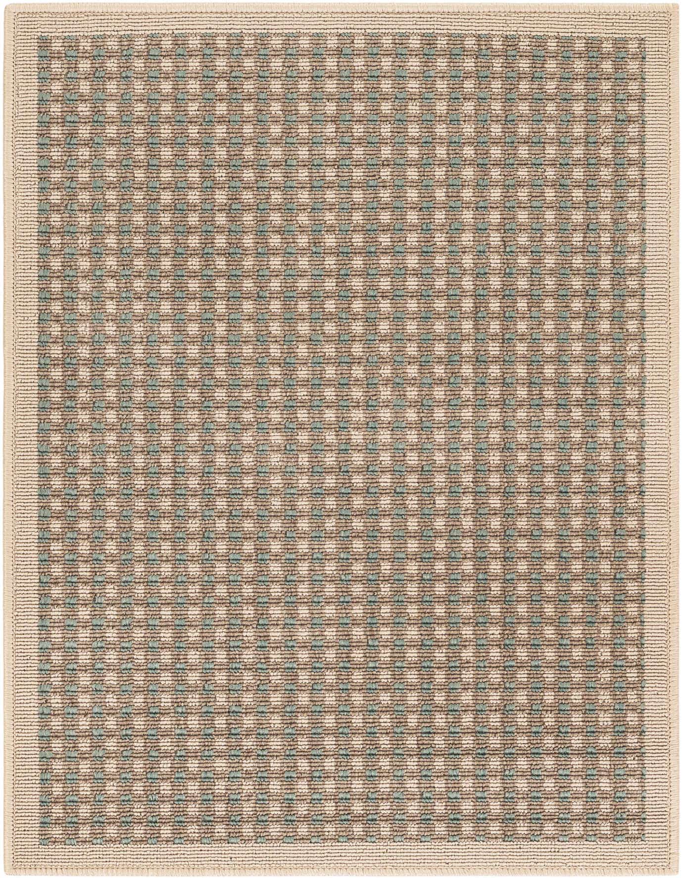 A 2x3 rectangular Rugs.com Outdoor Border rug with a modern brown and tan checkered pattern and a solid tan border.