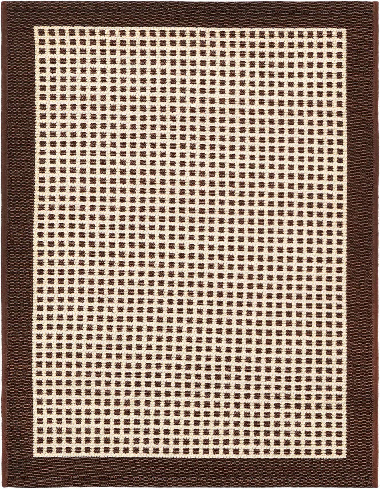 A 2x3 rectangular brown and tan modern flatweave rug with a grid pattern and a solid brown border.