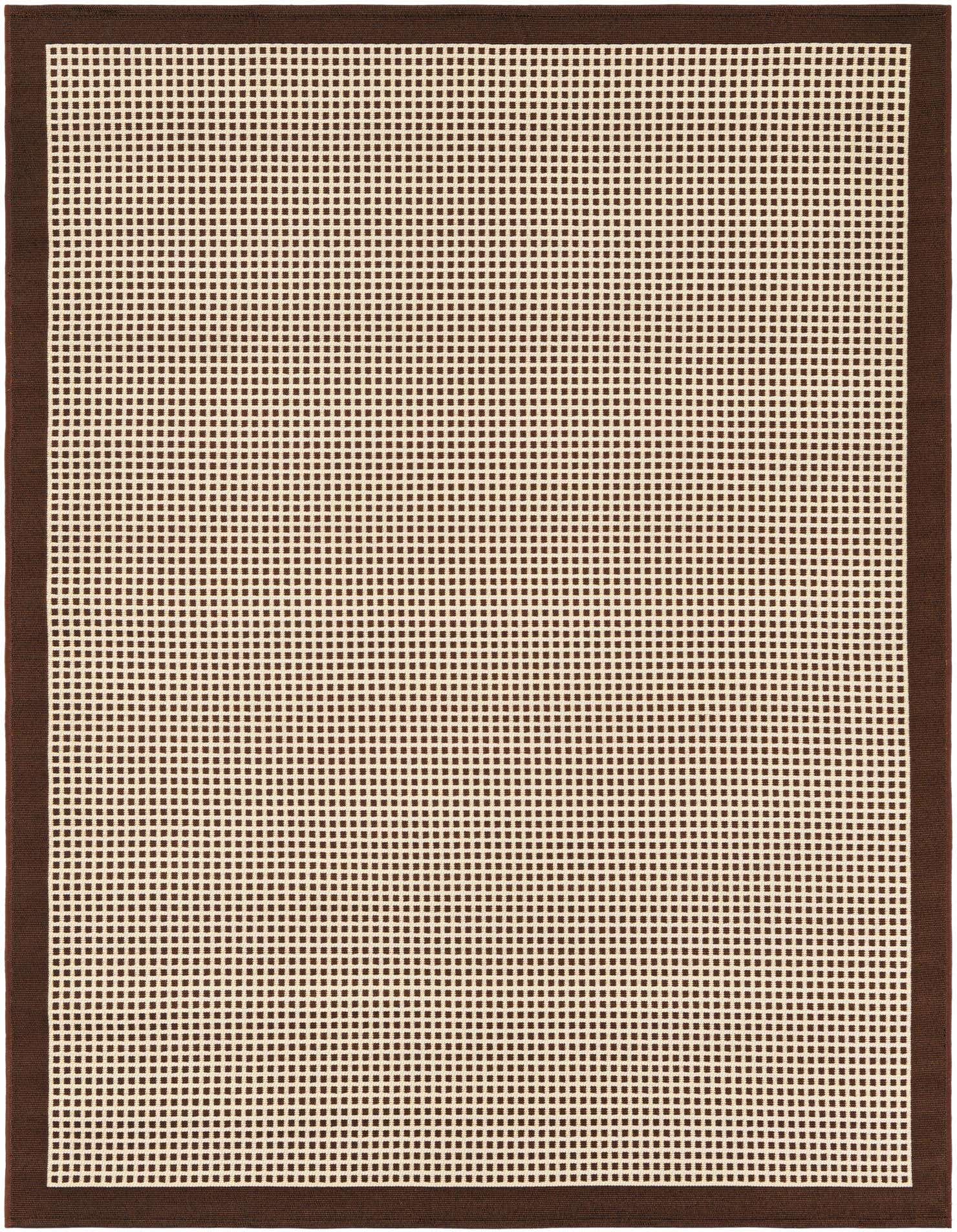 A 5x7 rectangular indoor/outdoor rug with a modern brown and tan checkered pattern and a solid brown border.