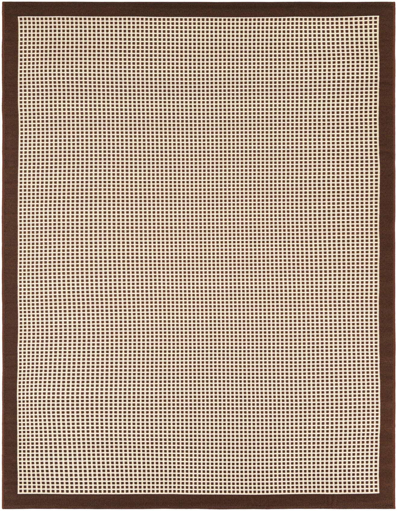 A 5x8 rectangular brown and tan modern flatweave rug with a grid pattern and solid brown border, suitable for indoor or outdoor use.