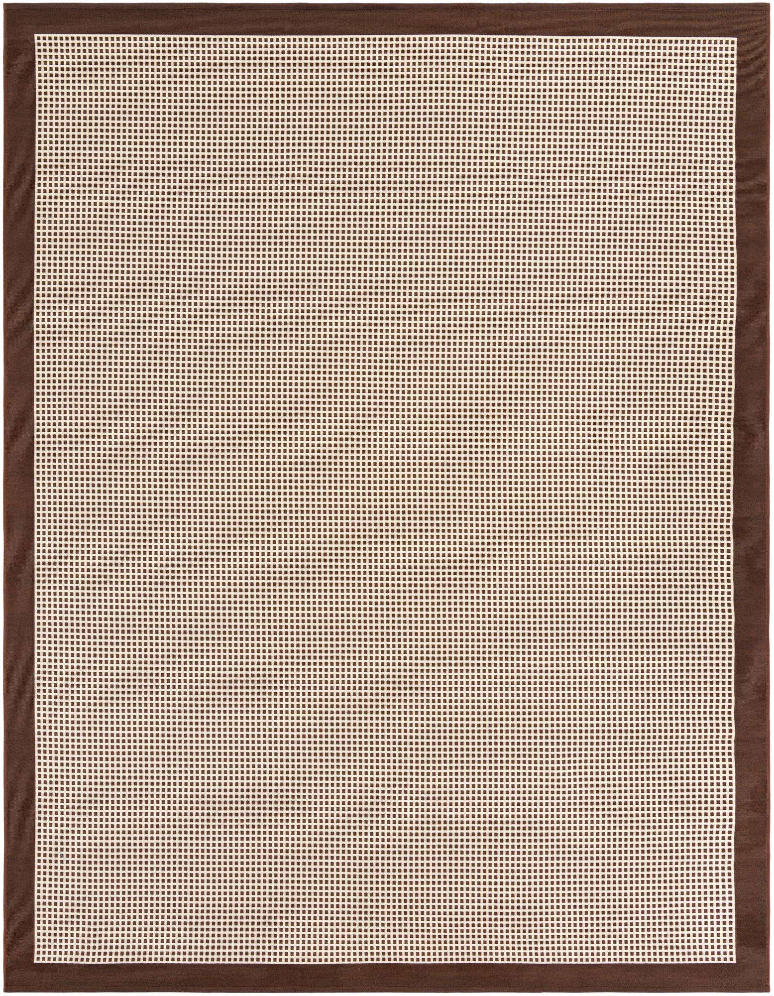 A rectangular 8x10 brown and tan modern area rug with a subtle grid pattern and a dark brown border, suitable for indoor or outdoor use.